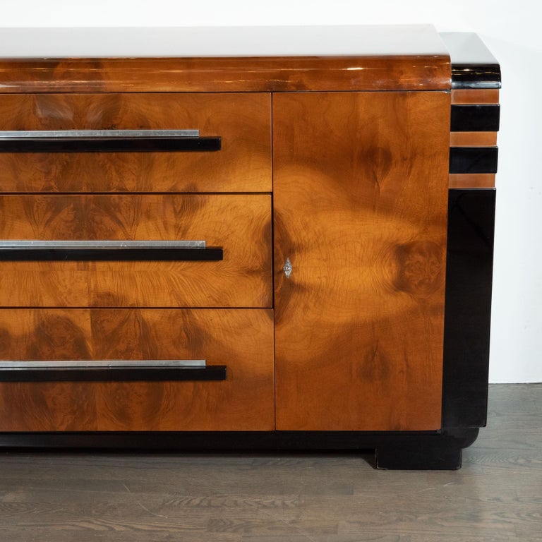 Aluminum Art Deco Streamlined Black Lacquer and Burled Walnut Sideboard by Donald Deskey