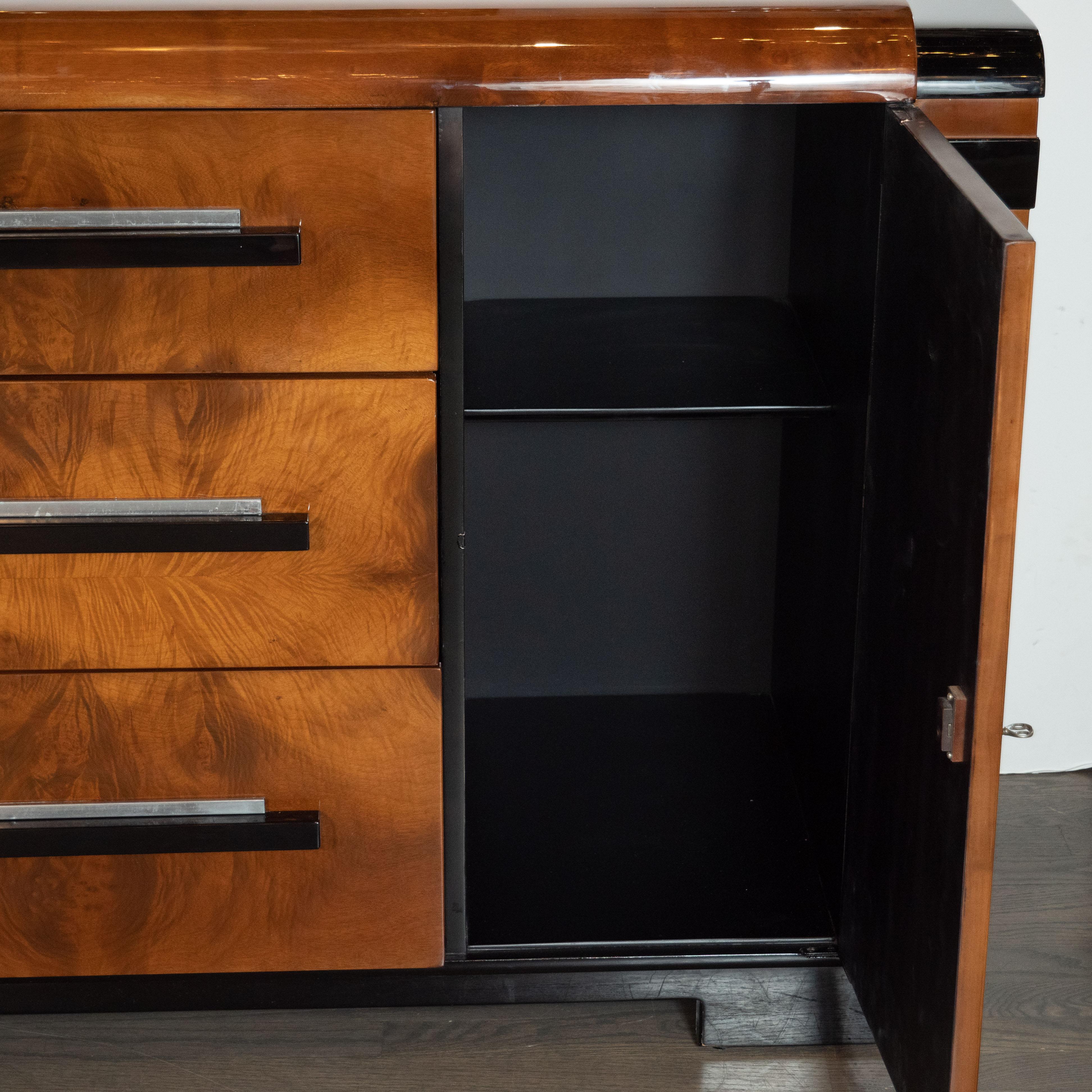 Mid-20th Century Art Deco Streamlined Black Lacquer and Burled Walnut Sideboard by Donald Deskey