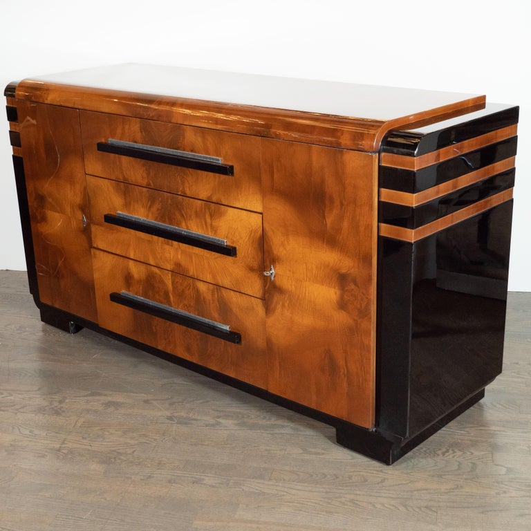 Art Deco Streamlined Black Lacquer and Burled Walnut Sideboard by Donald Deskey 2