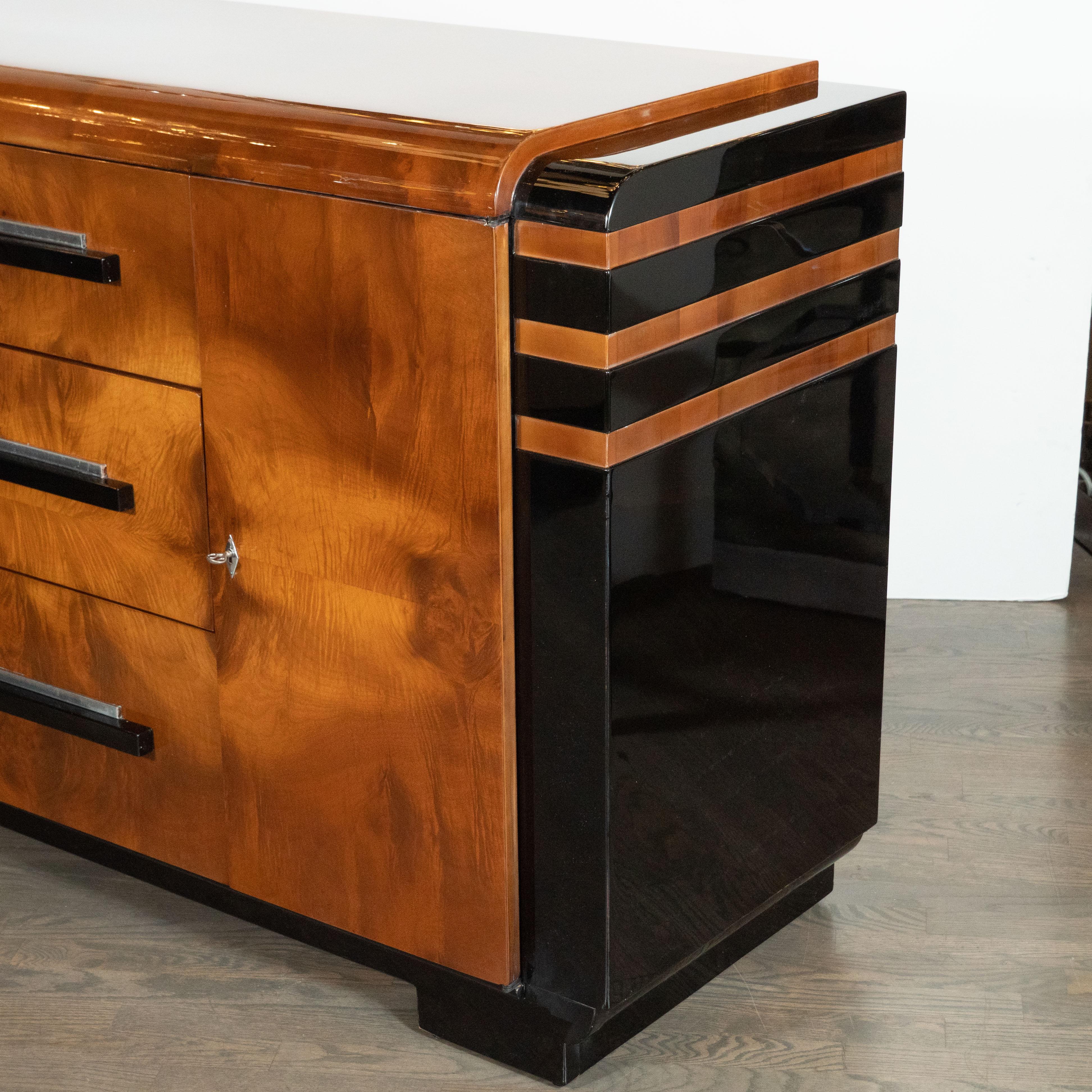 Art Deco Streamlined Black Lacquer and Burled Walnut Sideboard by Donald Deskey 1