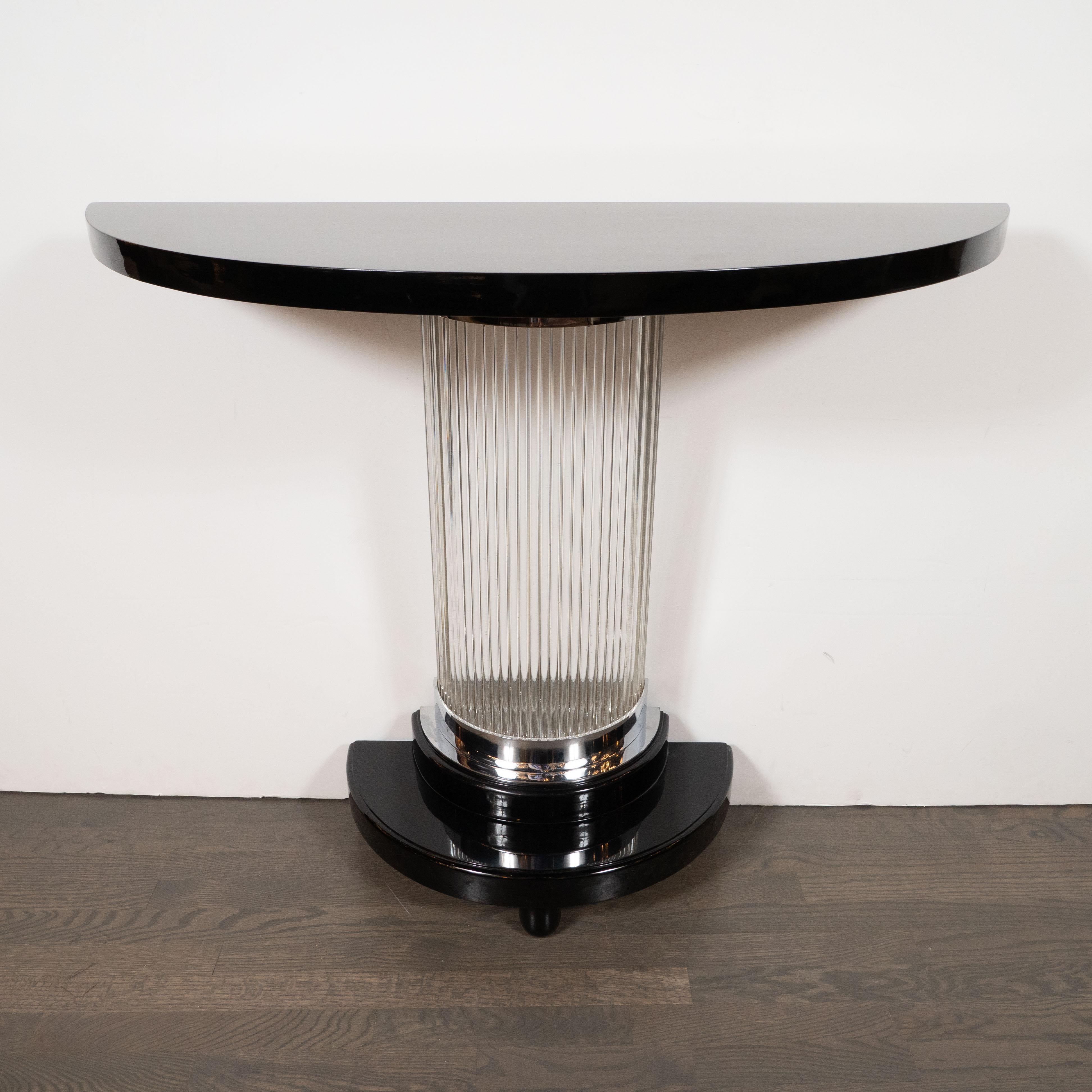 American Art Deco Streamlined Black Lacquer Demilune Console Table with Glass Rods