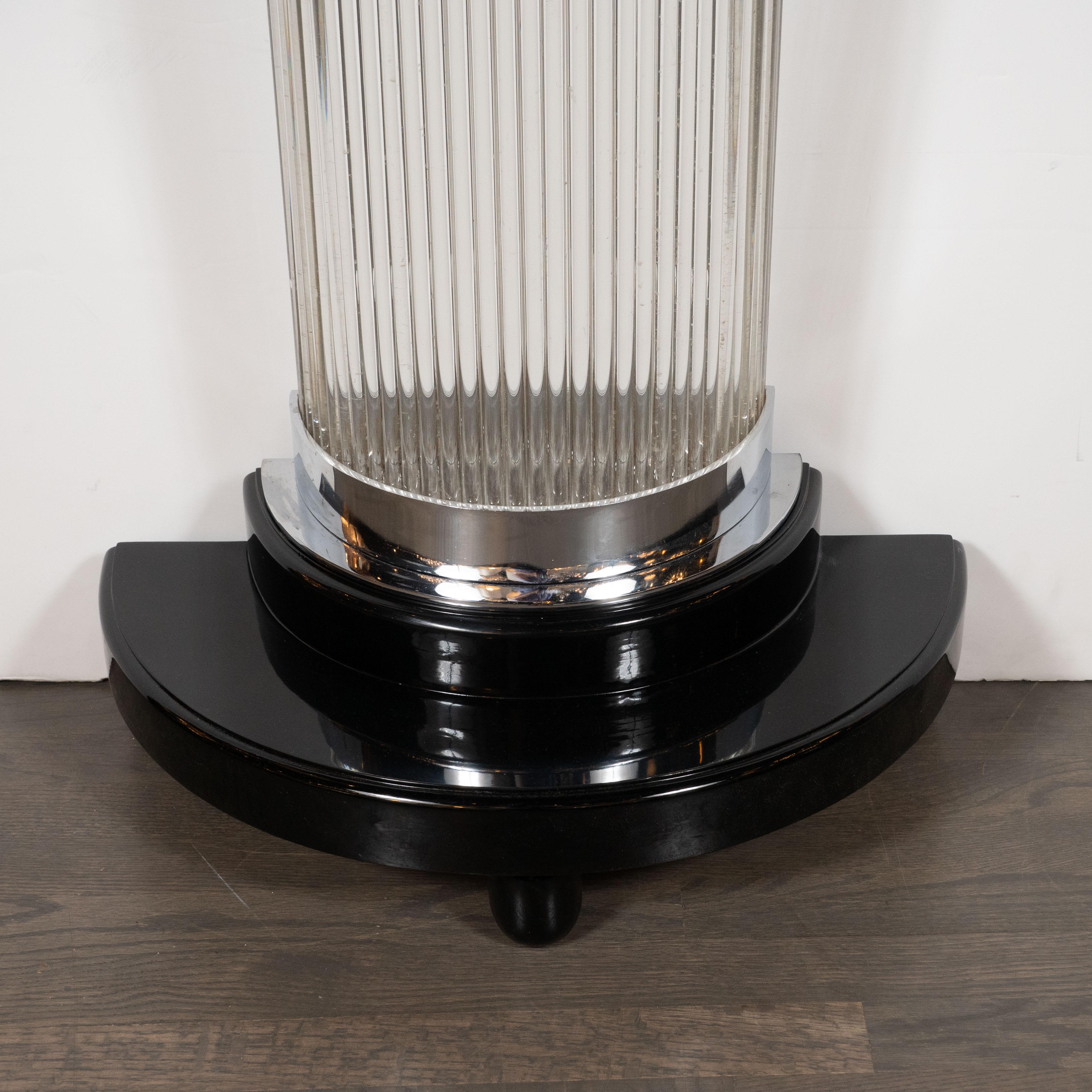 Art Deco Streamlined Black Lacquer Demilune Console Table with Glass Rods In Excellent Condition In New York, NY