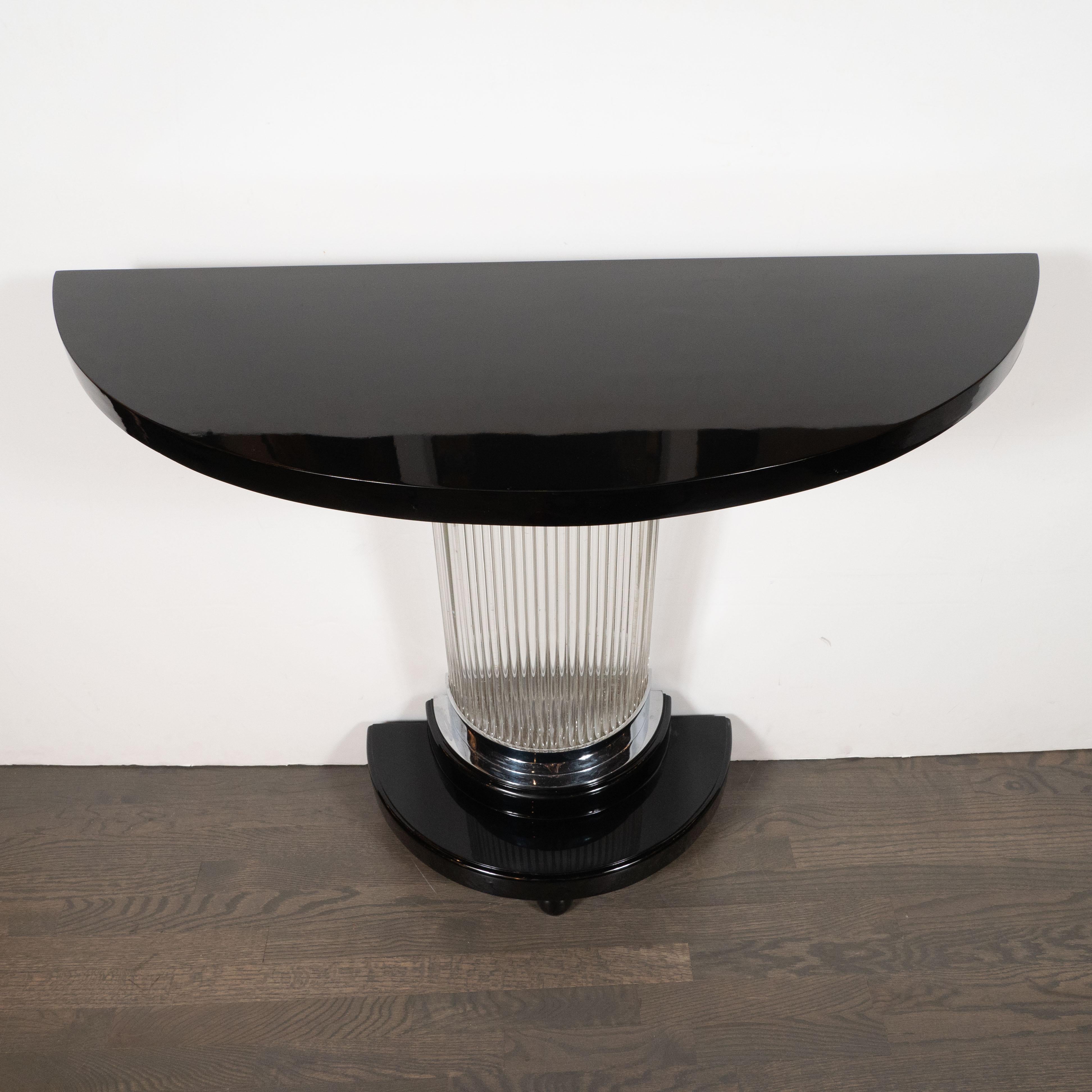 Art Deco Streamlined Black Lacquer Demilune Console Table with Glass Rods 1