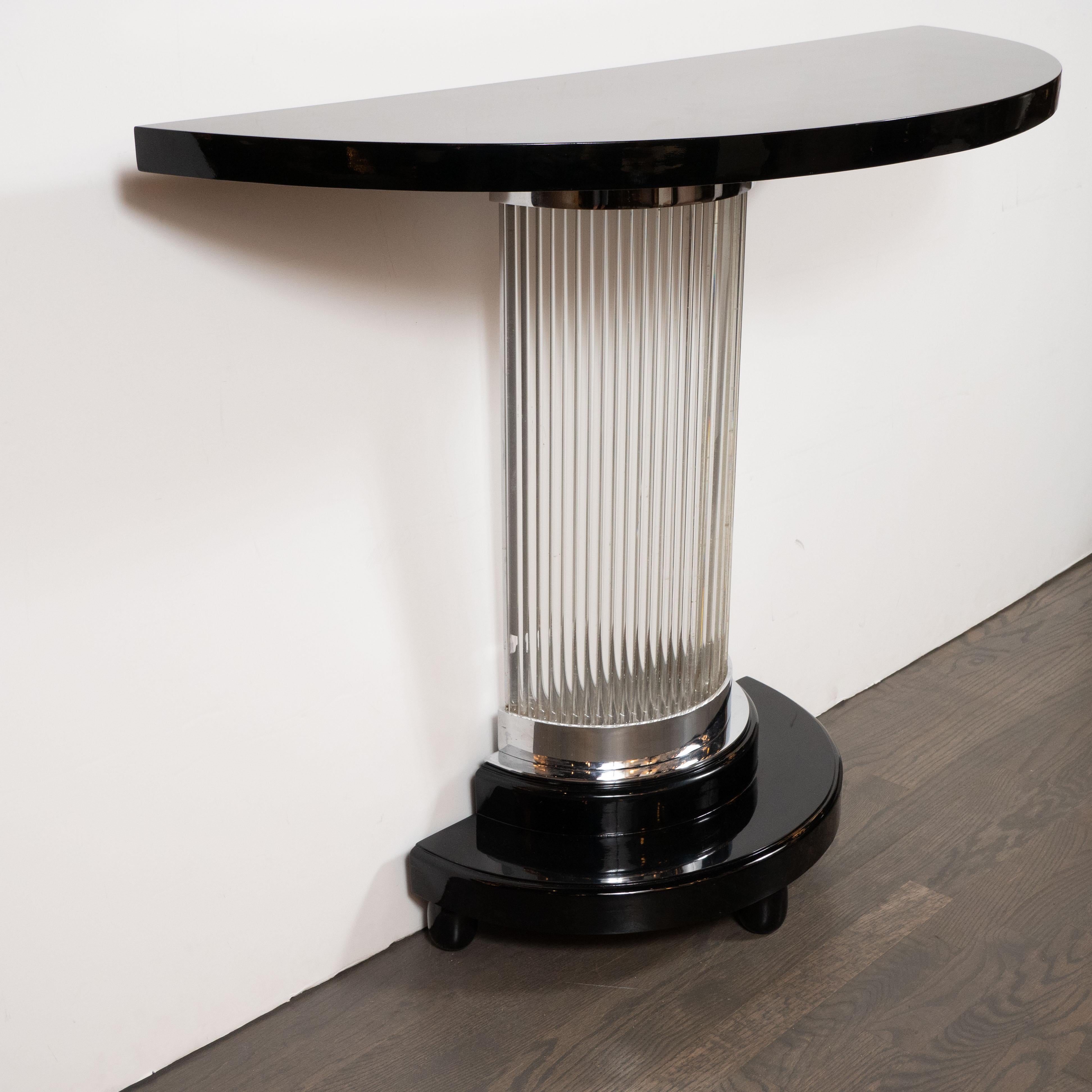 Art Deco Streamlined Black Lacquer Demilune Console Table with Glass Rods 2