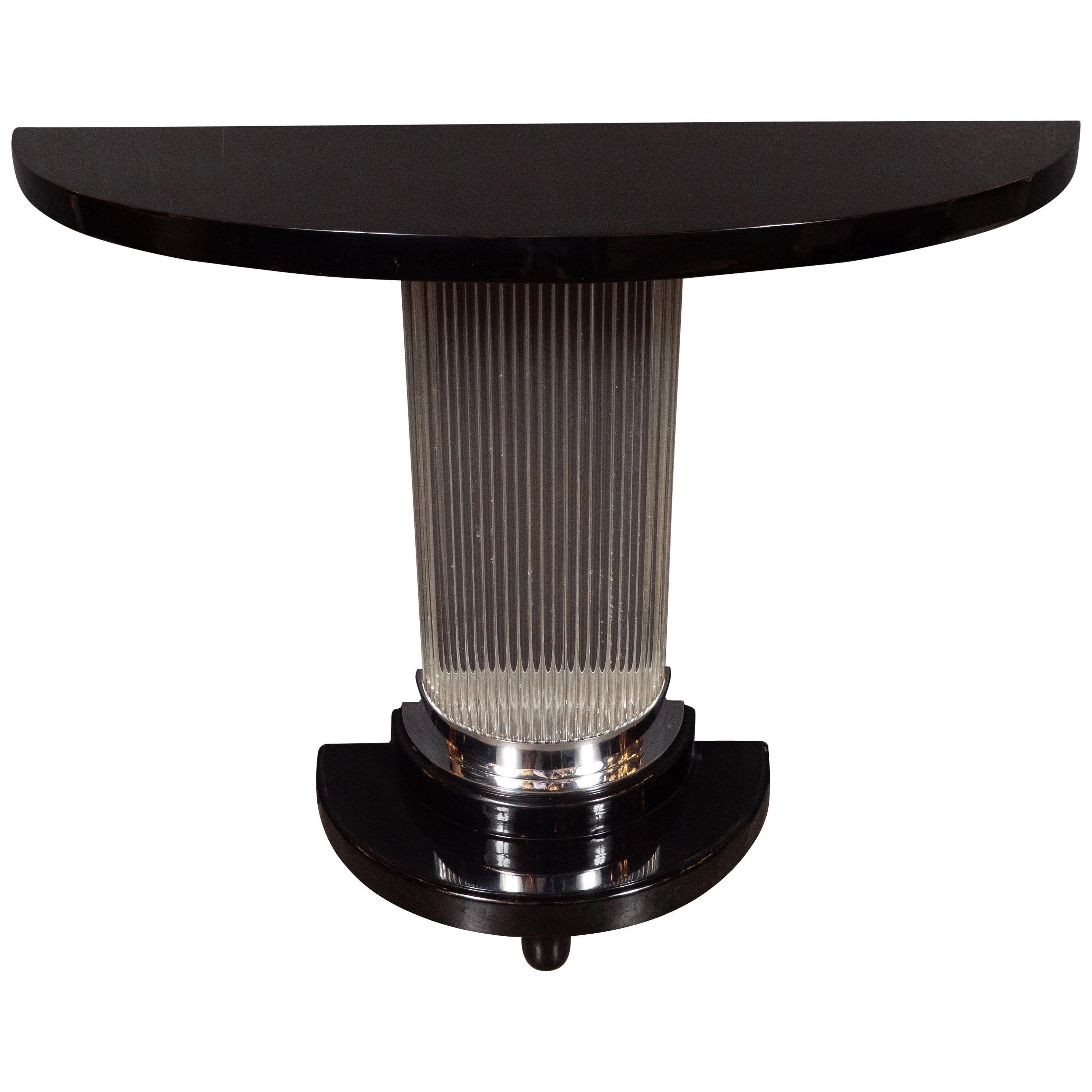 Art Deco Streamlined Black Lacquer Demilune Console Table with Glass Rods