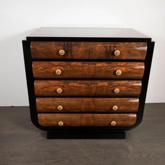 Art Deco Streamlined Black Lacquer and Walnut Chest with Silvered Bakelite Pulls