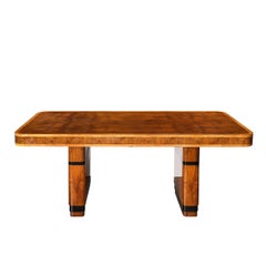 Art Deco Streamlined Book-Matched & Burled Walnut w/ Black Lacquer Dining Table