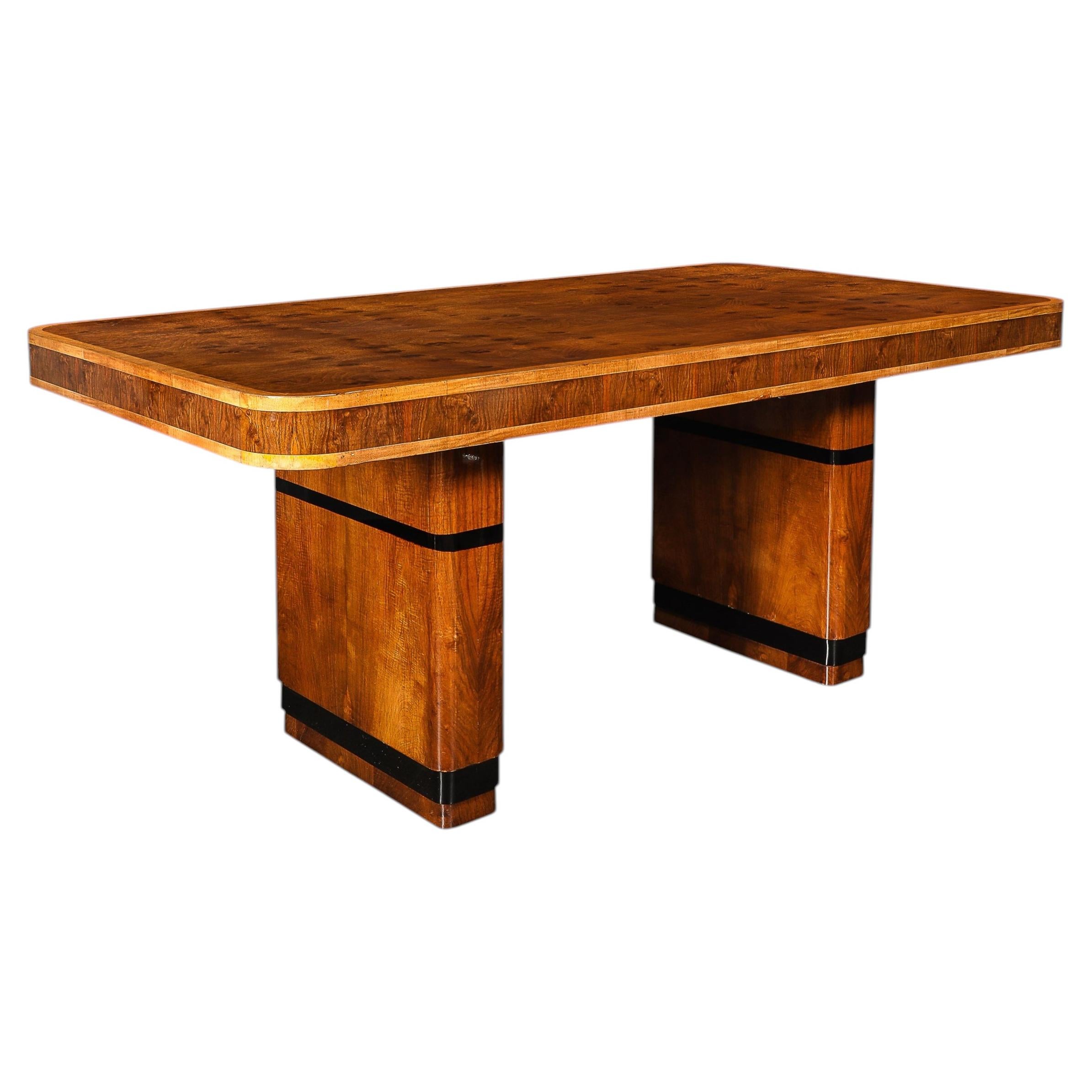Art Deco Streamlined Book-Matched & Burled Walnut w/ Black Lacquer Dining Table