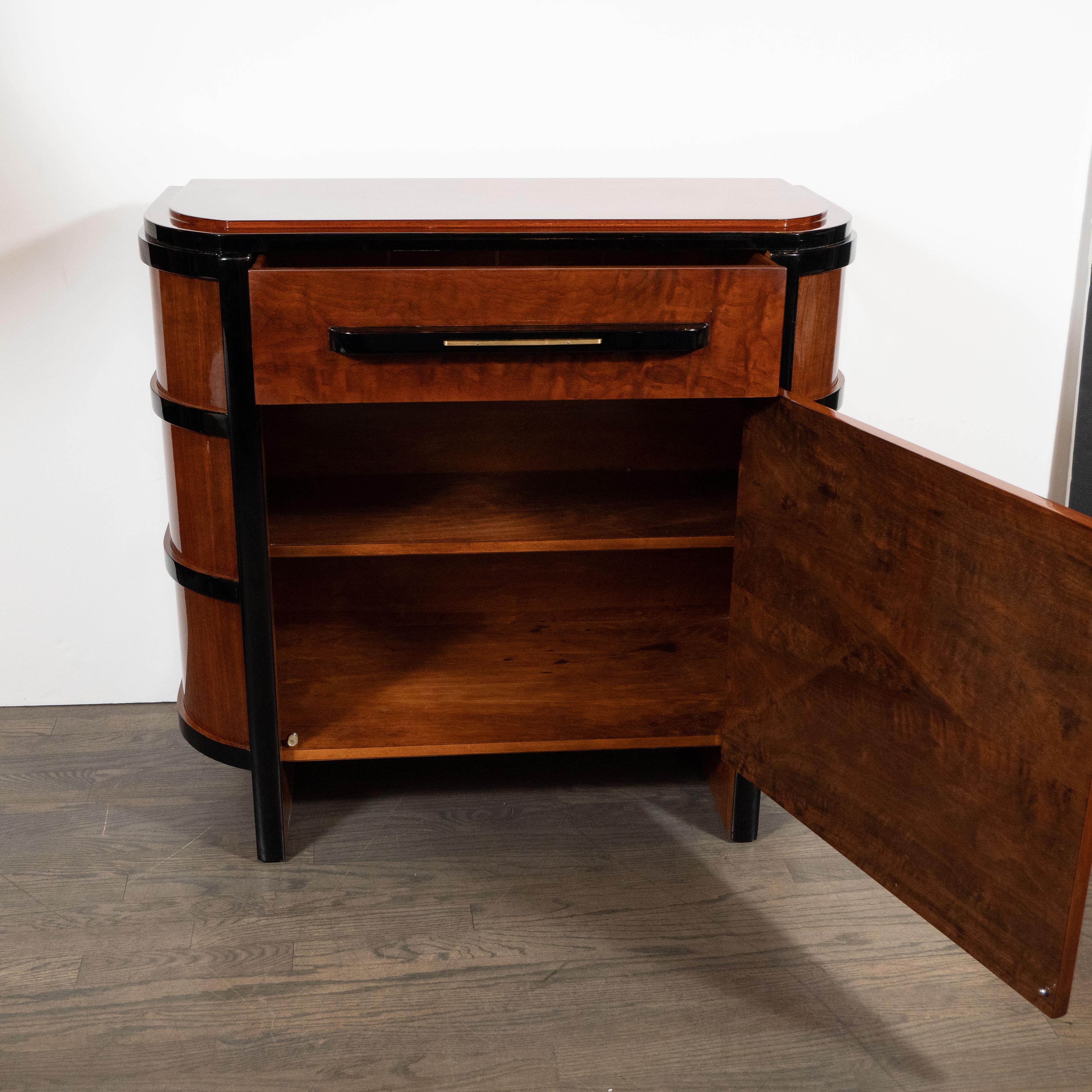 American Art Deco Streamlined Bookmatched Walnut & Black Lacquer Cabinet by Donald Deskey