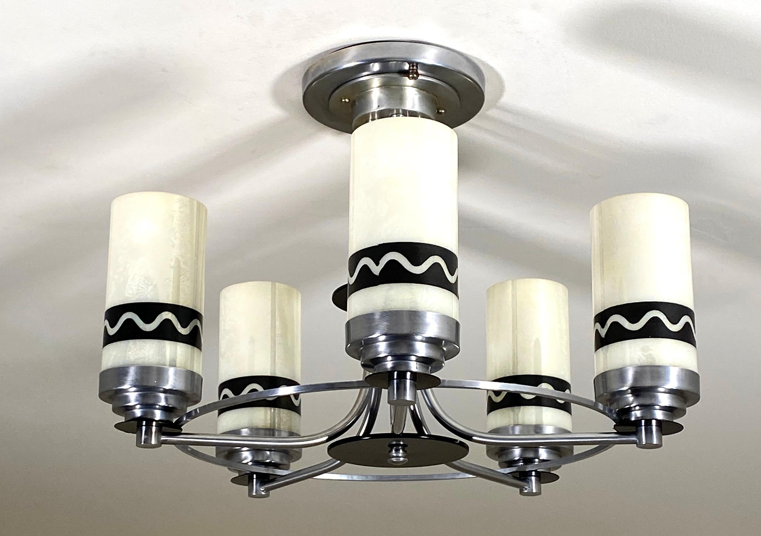 Art Deco Streamlined Chandelier Nickel Plated For Sale 3