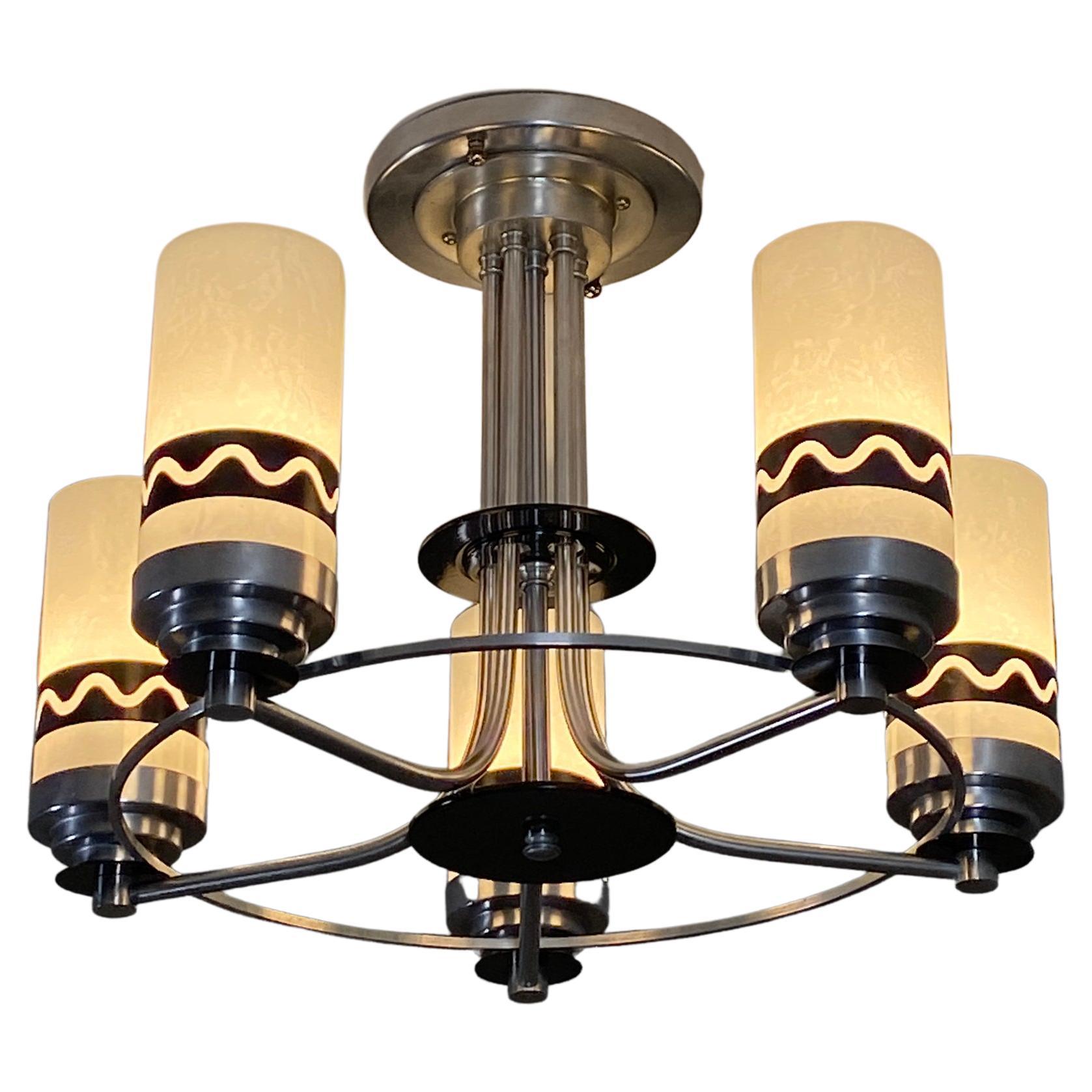 Art Deco Streamlined Chandelier Nickel Plated For Sale