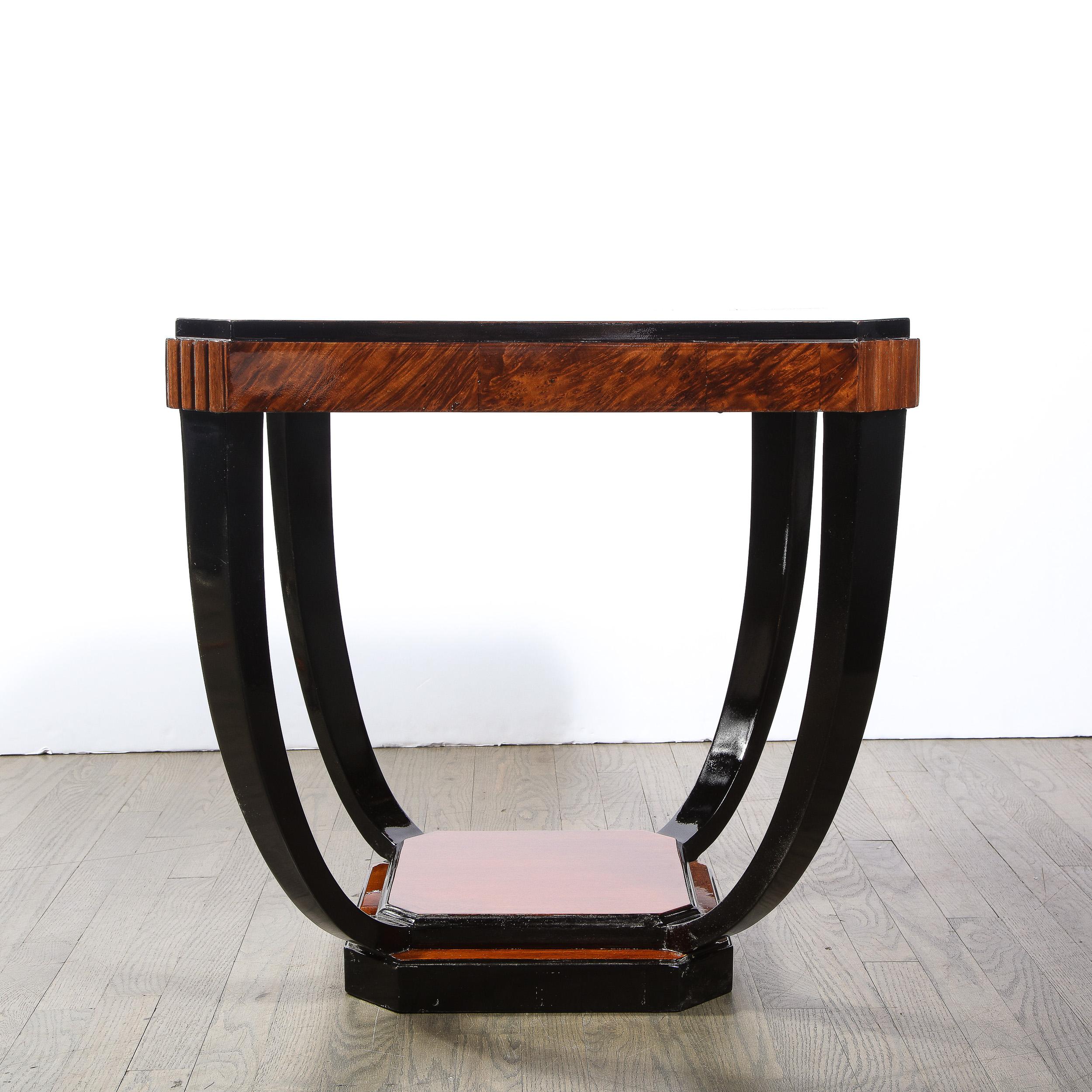 Art Deco Streamlined Cocktail Table in Bookmatched Burled Walnut & Black Lacquer For Sale 5