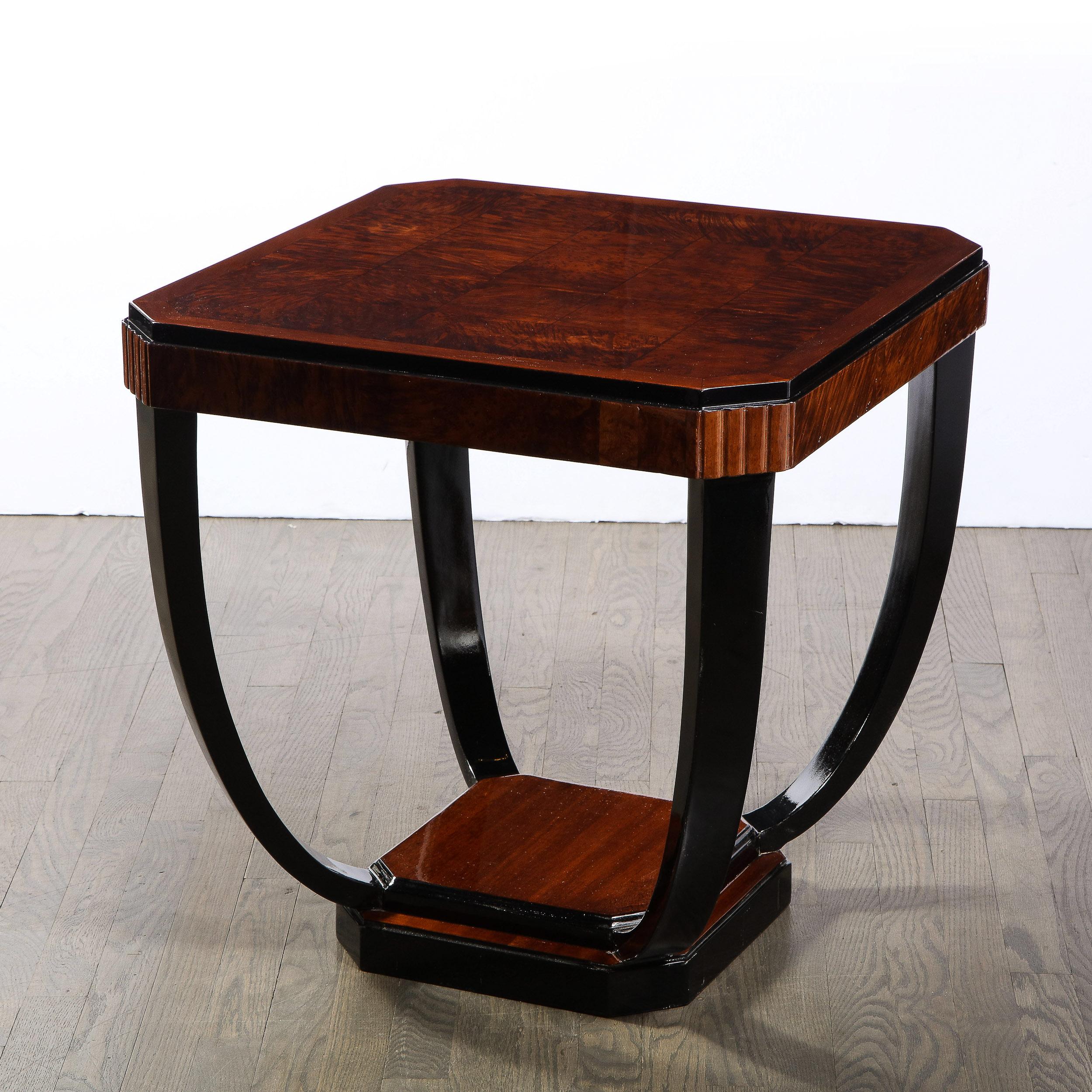 French Art Deco Streamlined Cocktail Table in Bookmatched Burled Walnut & Black Lacquer For Sale