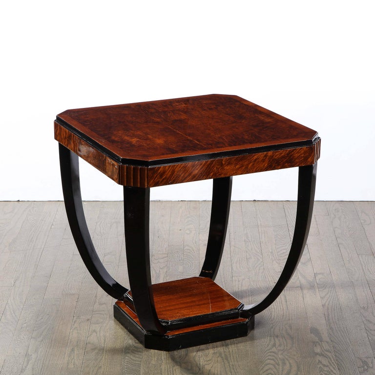 Art Deco Streamlined Cocktail Table in Bookmatched Burled Walnut and Black Lacquer For Sale at