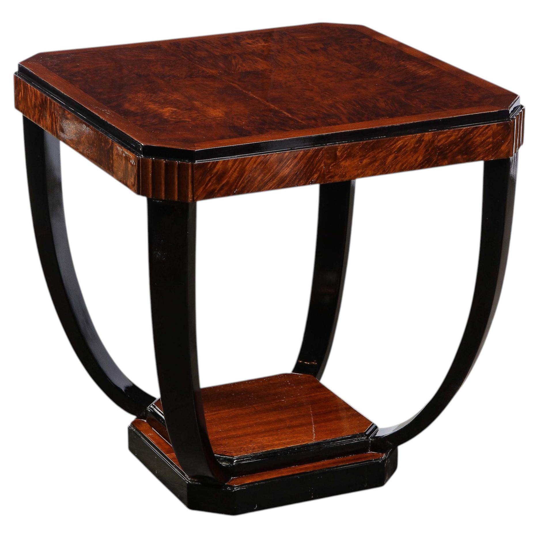 Art Deco Streamlined Cocktail Table in Bookmatched Burled Walnut & Black Lacquer