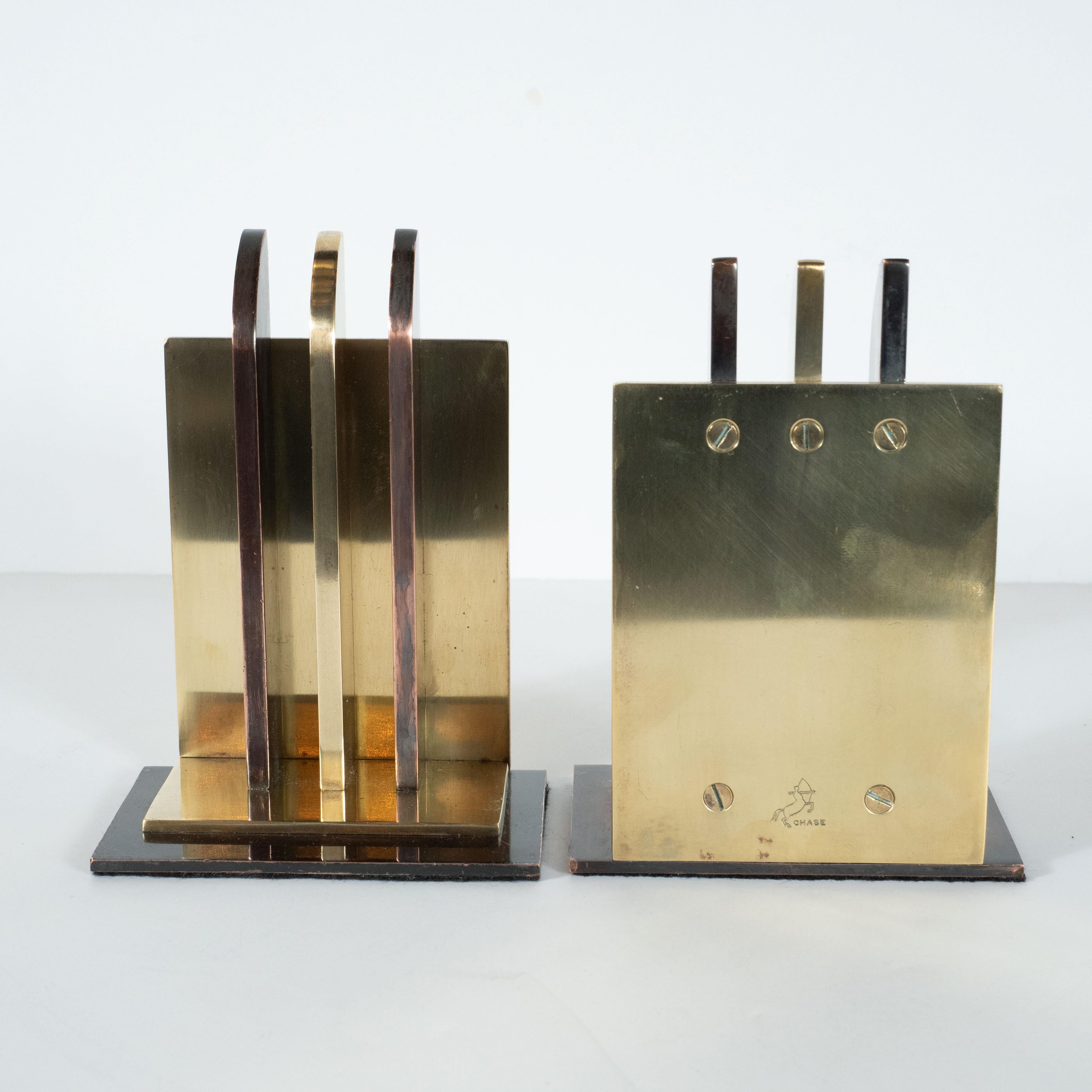 American Art Deco Streamlined Copper & Brass Bookends by Walter Von Nessen for Chase Co.