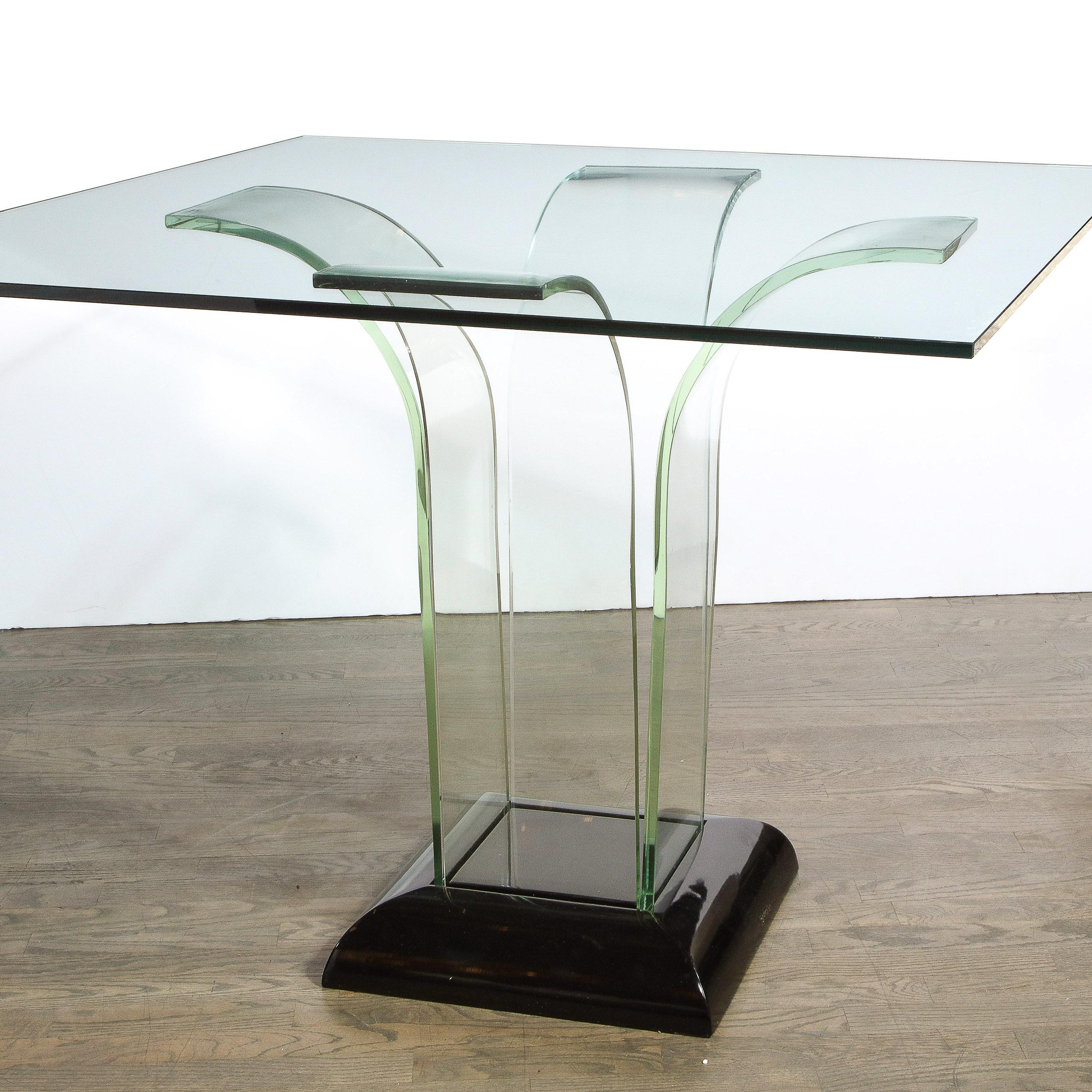 Streamline-Ess-/Spieltisch im Art déco-Stil aus durchscheinendem Glas und schwarzem Lack (Mitte des 20. Jahrhunderts)