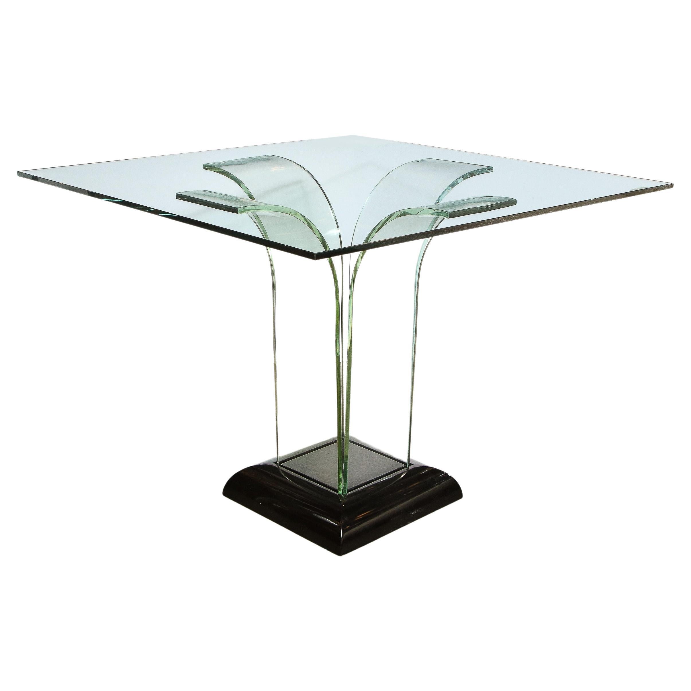 Streamline-Ess-/Spieltisch im Art déco-Stil aus durchscheinendem Glas und schwarzem Lack