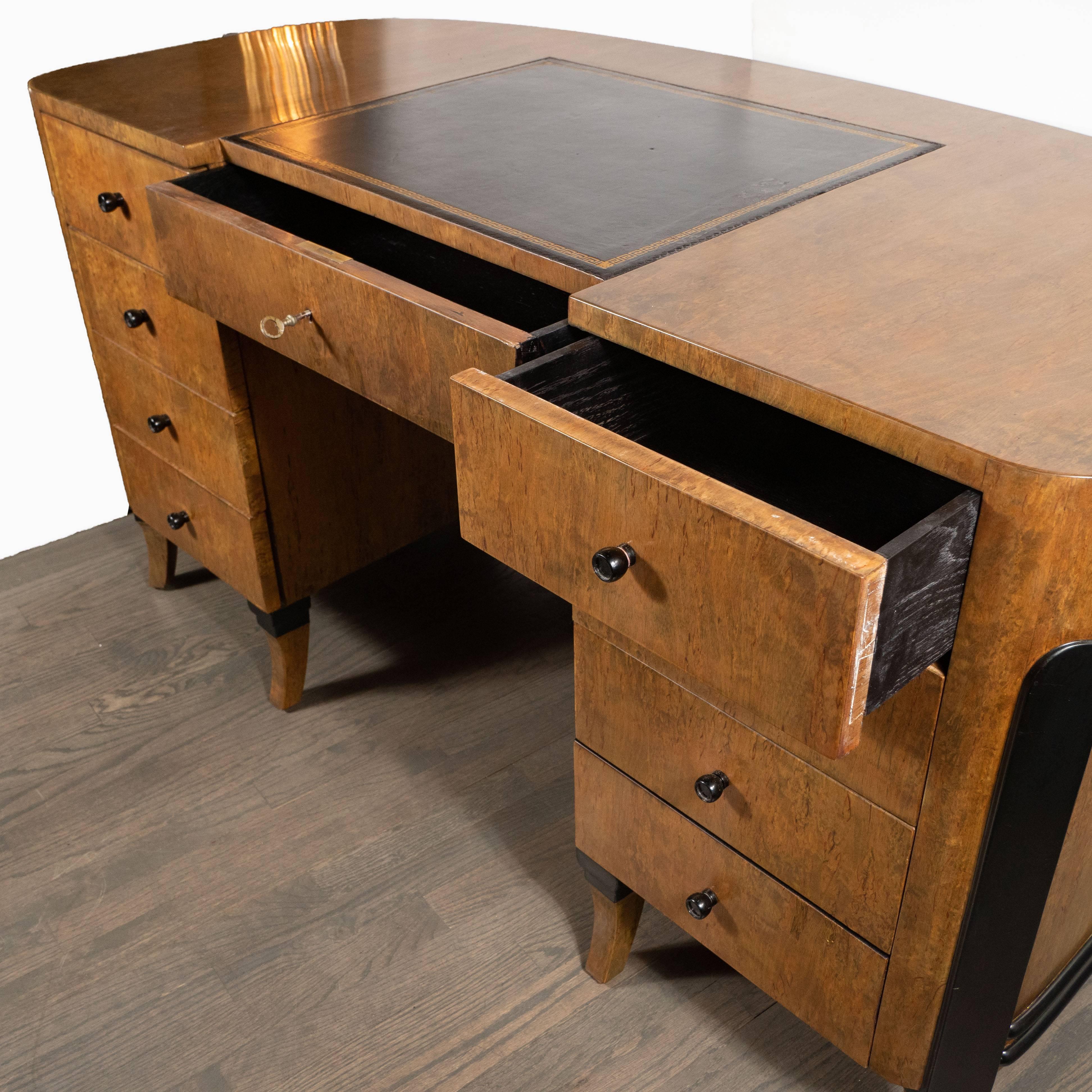 American Art Deco Streamlined Eight-Drawer Desk in Burled and Ebonized Walnut