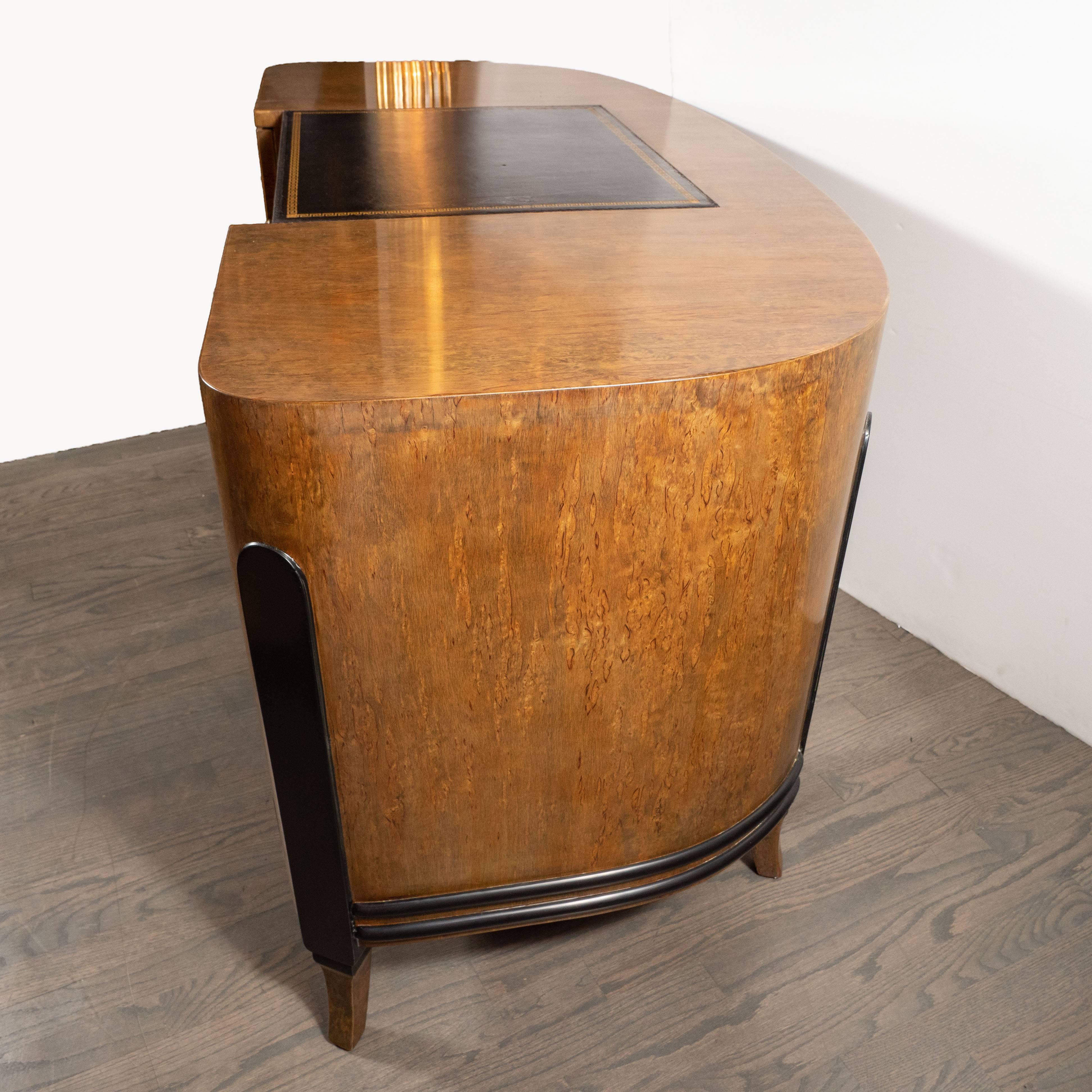 Mid-20th Century Art Deco Streamlined Eight-Drawer Desk in Burled and Ebonized Walnut