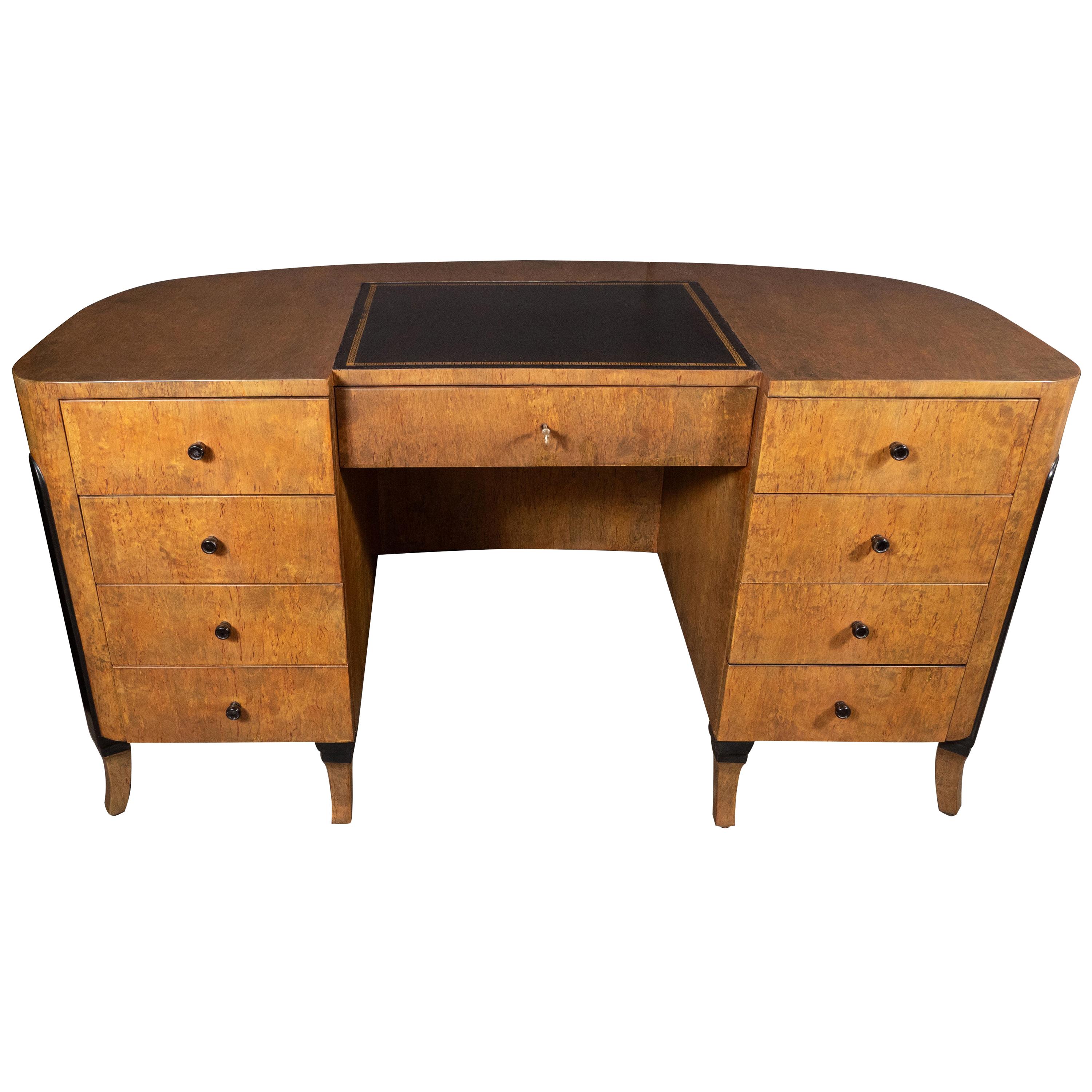 Art Deco Streamlined Eight-Drawer Desk in Burled and Ebonized Walnut