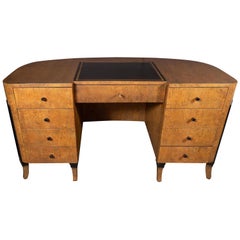 Vintage Art Deco Streamlined Eight-Drawer Desk in Burled and Ebonized Walnut