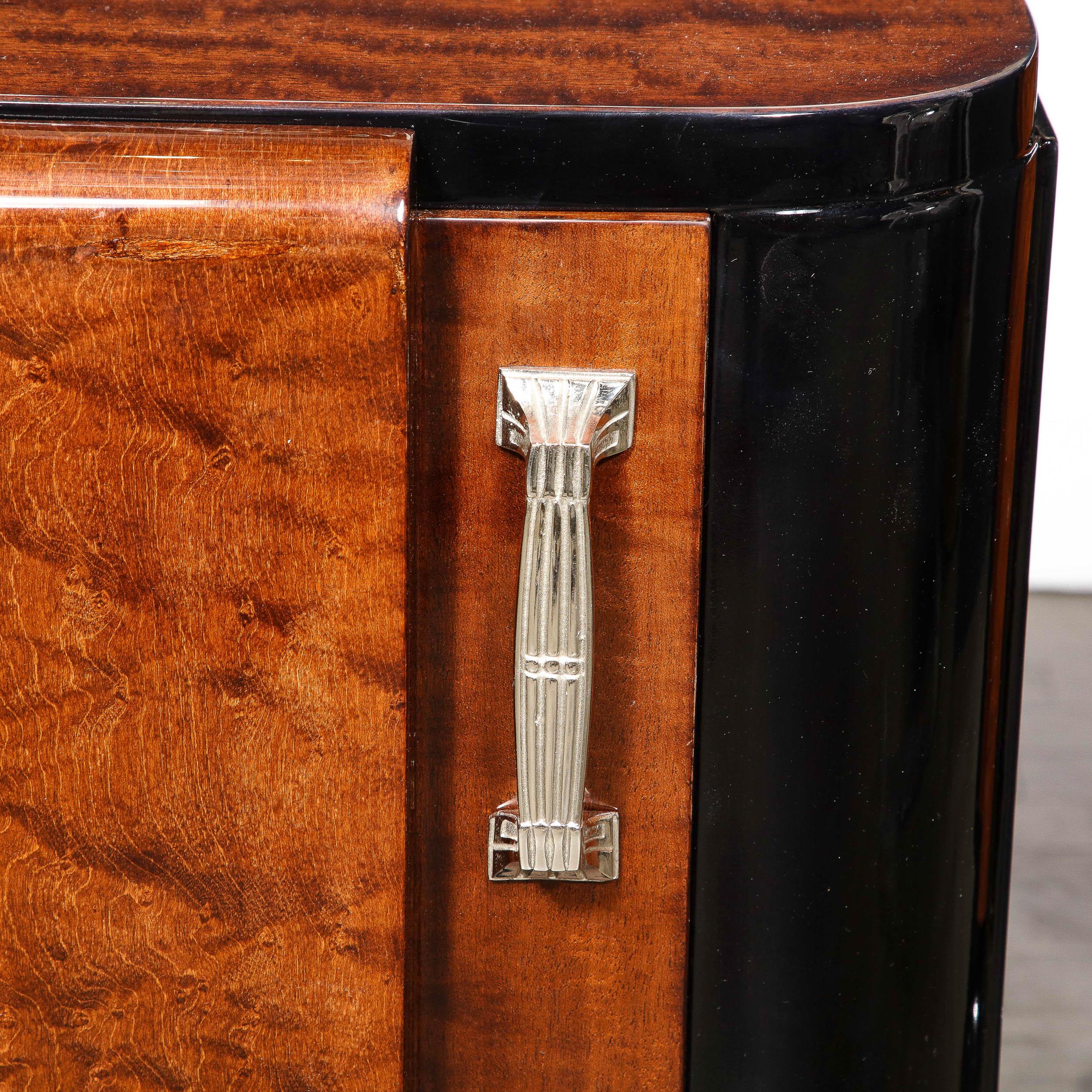 Art Deco Streamlined End Tables/Night Stands in Burled Walnut w/ Silvered Pulls For Sale 7
