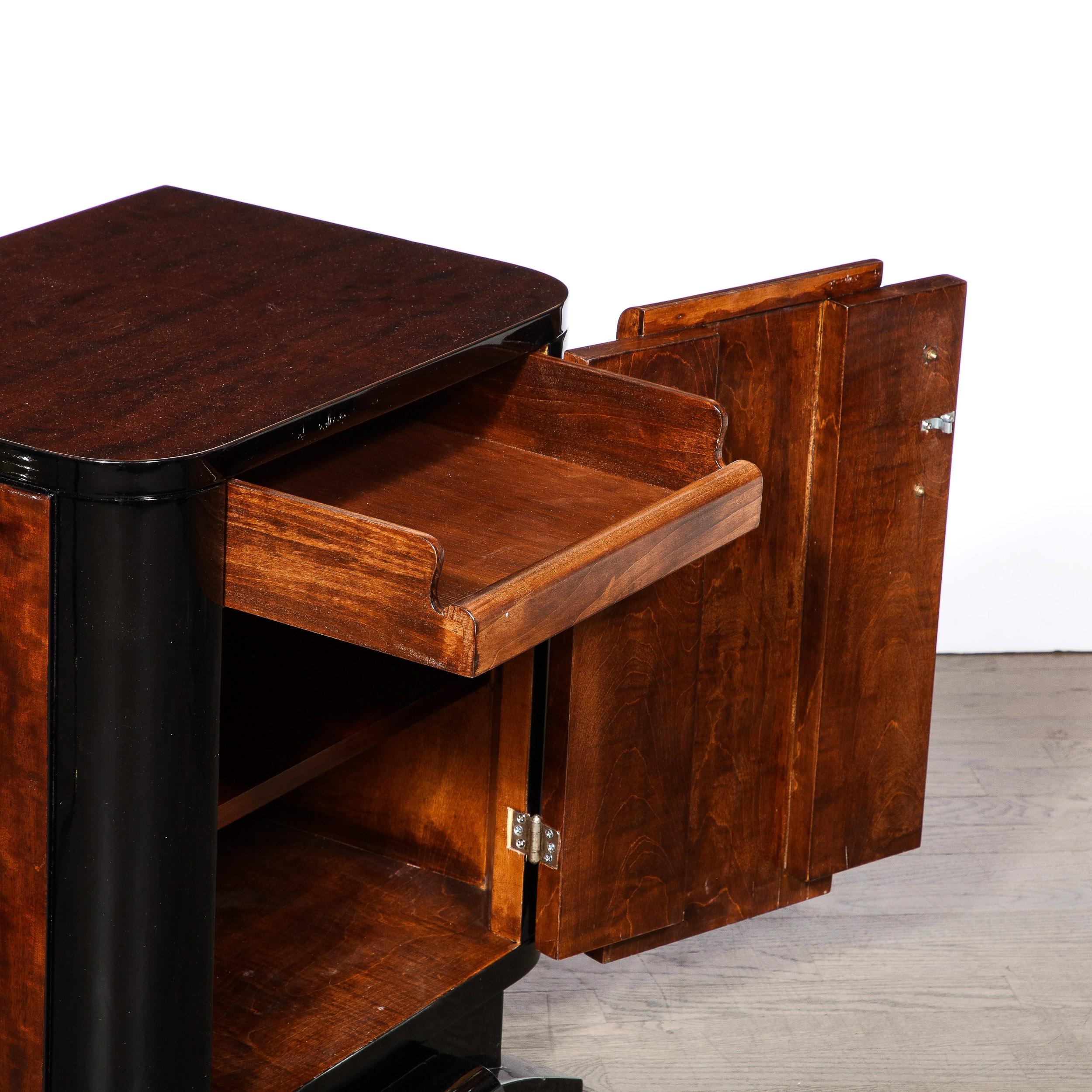 Art Deco Streamlined End Tables/Night Stands in Burled Walnut w/ Silvered Pulls For Sale 13