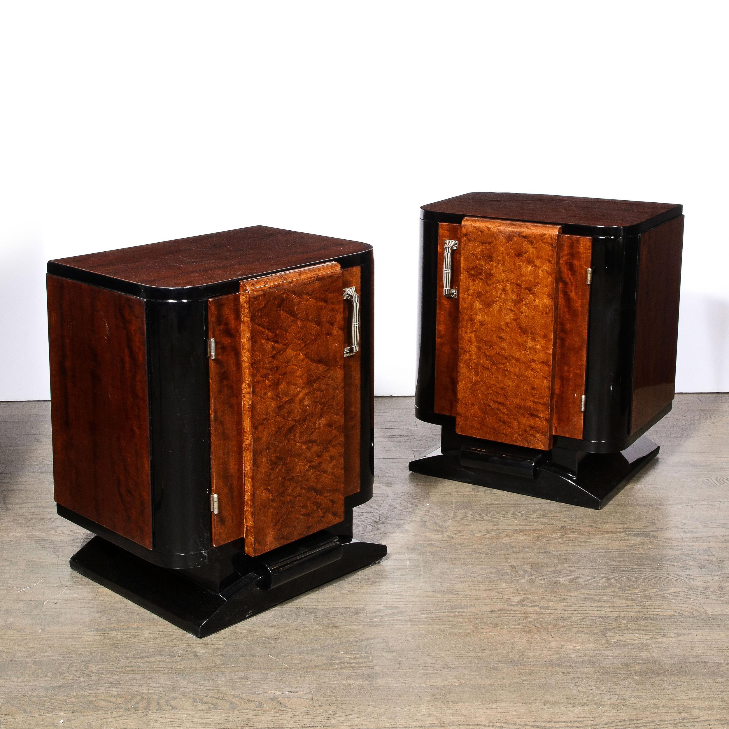 Art Deco Streamlined End Tables/Night Stands in Burled Walnut w/ Silvered Pulls For Sale 4