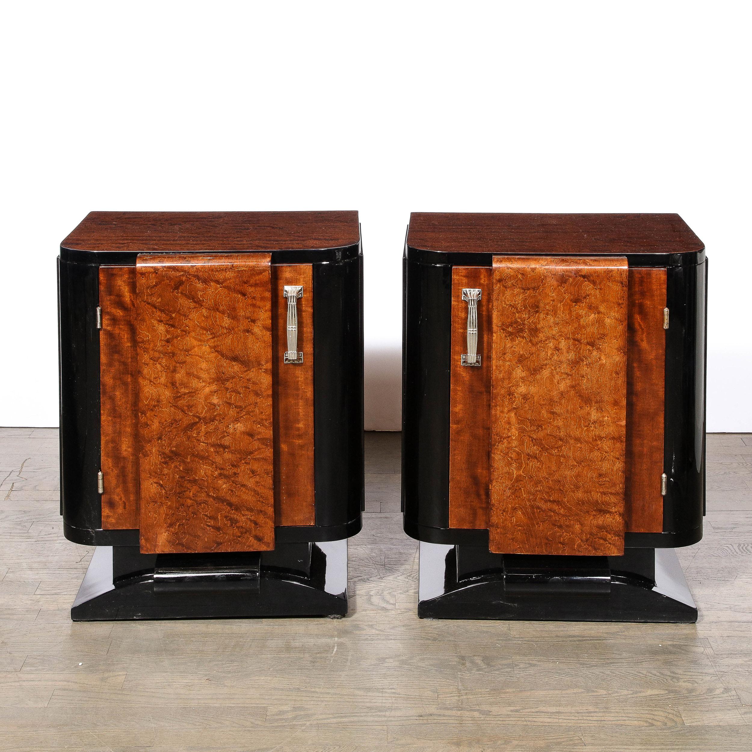 French Art Deco Streamlined End Tables/Night Stands in Burled Walnut w/ Silvered Pulls For Sale