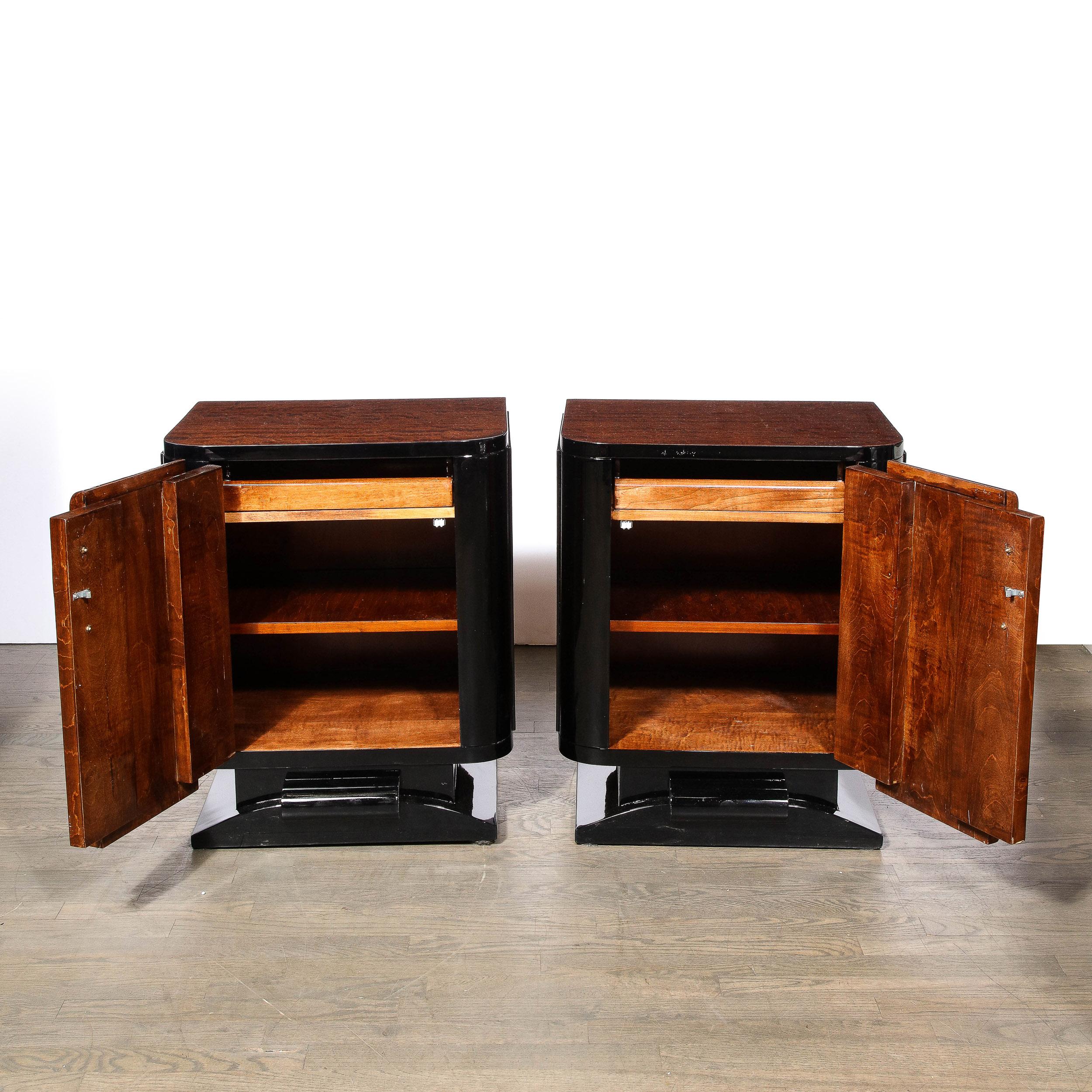 Art Deco Streamlined End Tables/Night Stands in Burled Walnut w/ Silvered Pulls In Excellent Condition For Sale In New York, NY