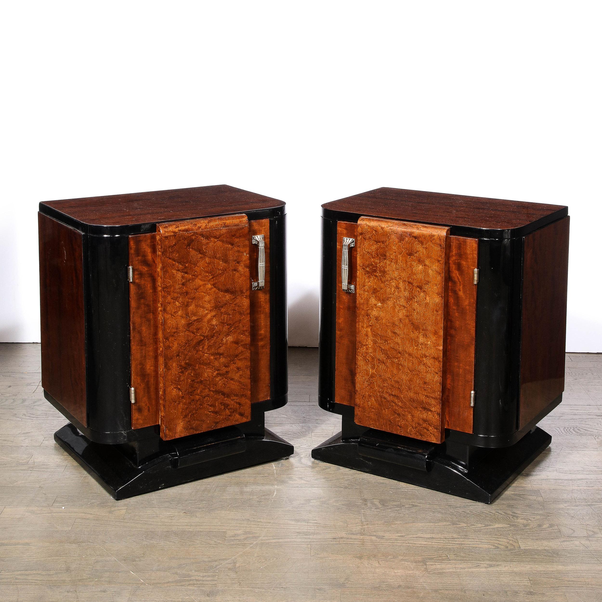 Mid-20th Century Art Deco Streamlined End Tables/Night Stands in Burled Walnut w/ Silvered Pulls For Sale