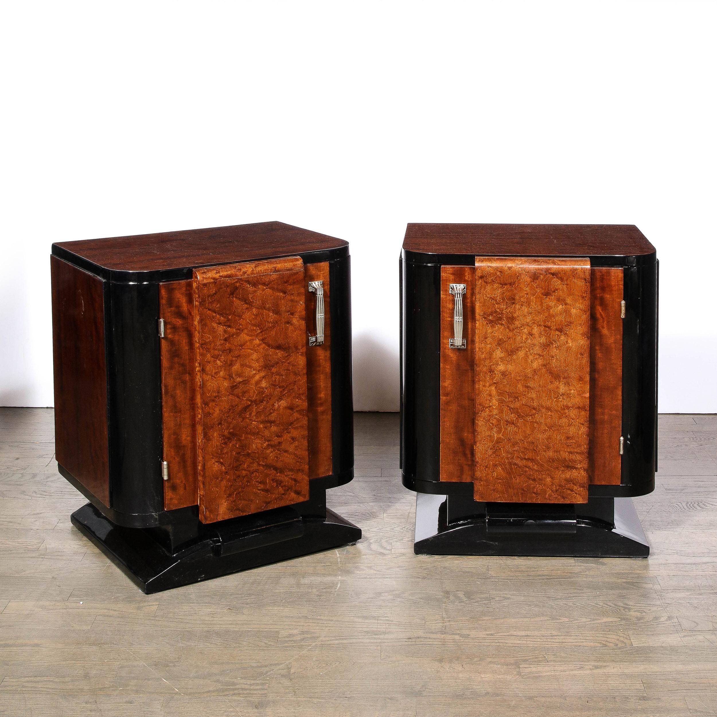 Lacquer Art Deco Streamlined End Tables/Night Stands in Burled Walnut w/ Silvered Pulls For Sale