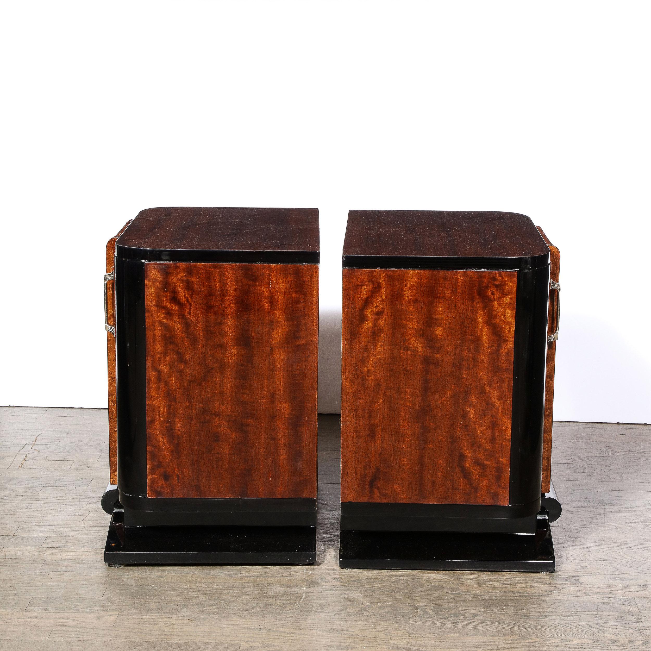 Art Deco Streamlined End Tables/Night Stands in Burled Walnut w/ Silvered Pulls For Sale 1