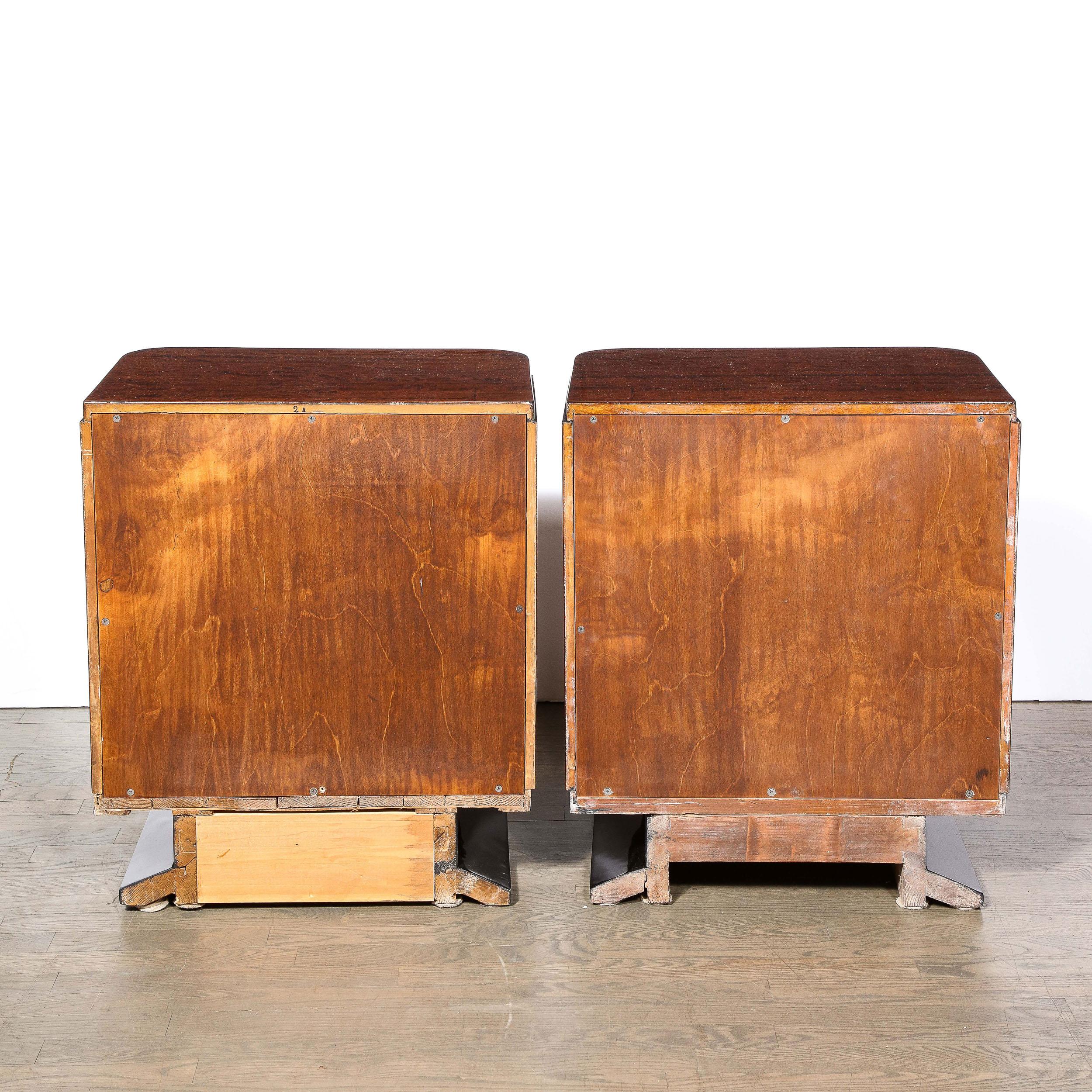 Art Deco Streamlined End Tables/Night Stands in Burled Walnut w/ Silvered Pulls For Sale 2
