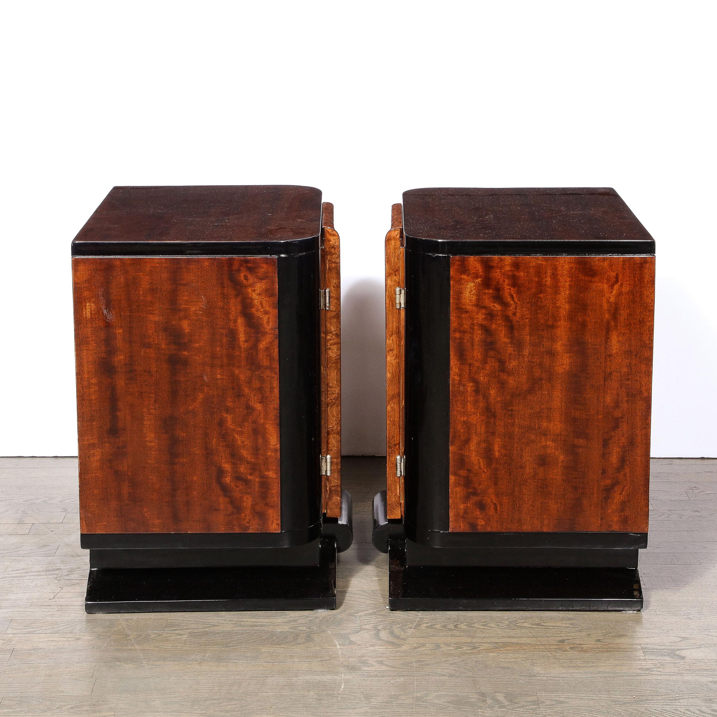 Art Deco Streamlined End Tables/Night Stands in Burled Walnut w/ Silvered Pulls For Sale 3