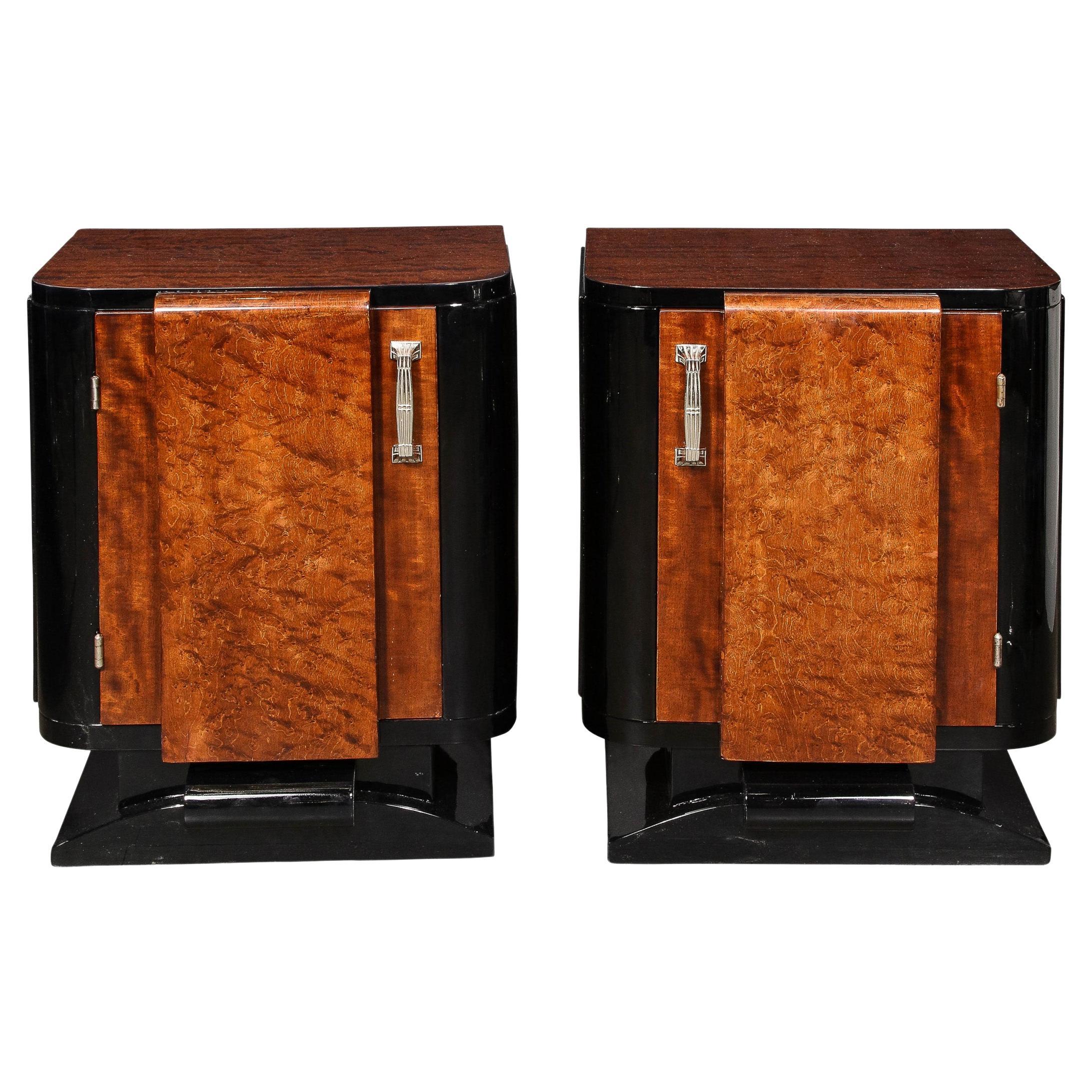 Art Deco Streamlined End Tables/Night Stands in Burled Walnut w/ Silvered Pulls For Sale