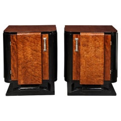 Art Deco Streamlined End Tables/Night Stands in Burled Walnut w/ Silvered Pulls