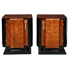 Vintage Art Deco Streamlined End Tables/Night Stands in Burled Walnut w/ Silvered Pulls