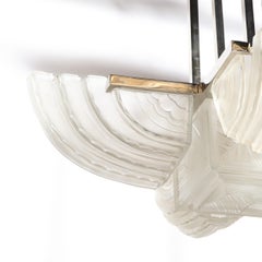 Art Deco Streamlined Frosted Glass & Polished Nickel Chandelier Signed by Sabino