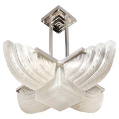 Art Deco Streamlined Frosted Glass & Polished Nickel Chandelier Signed by Sabino
