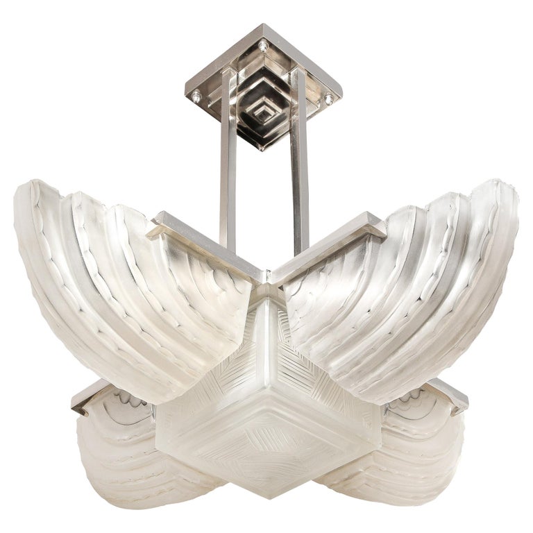 Art Deco Streamlined Frosted Glass and Polished Nickel Chandelier