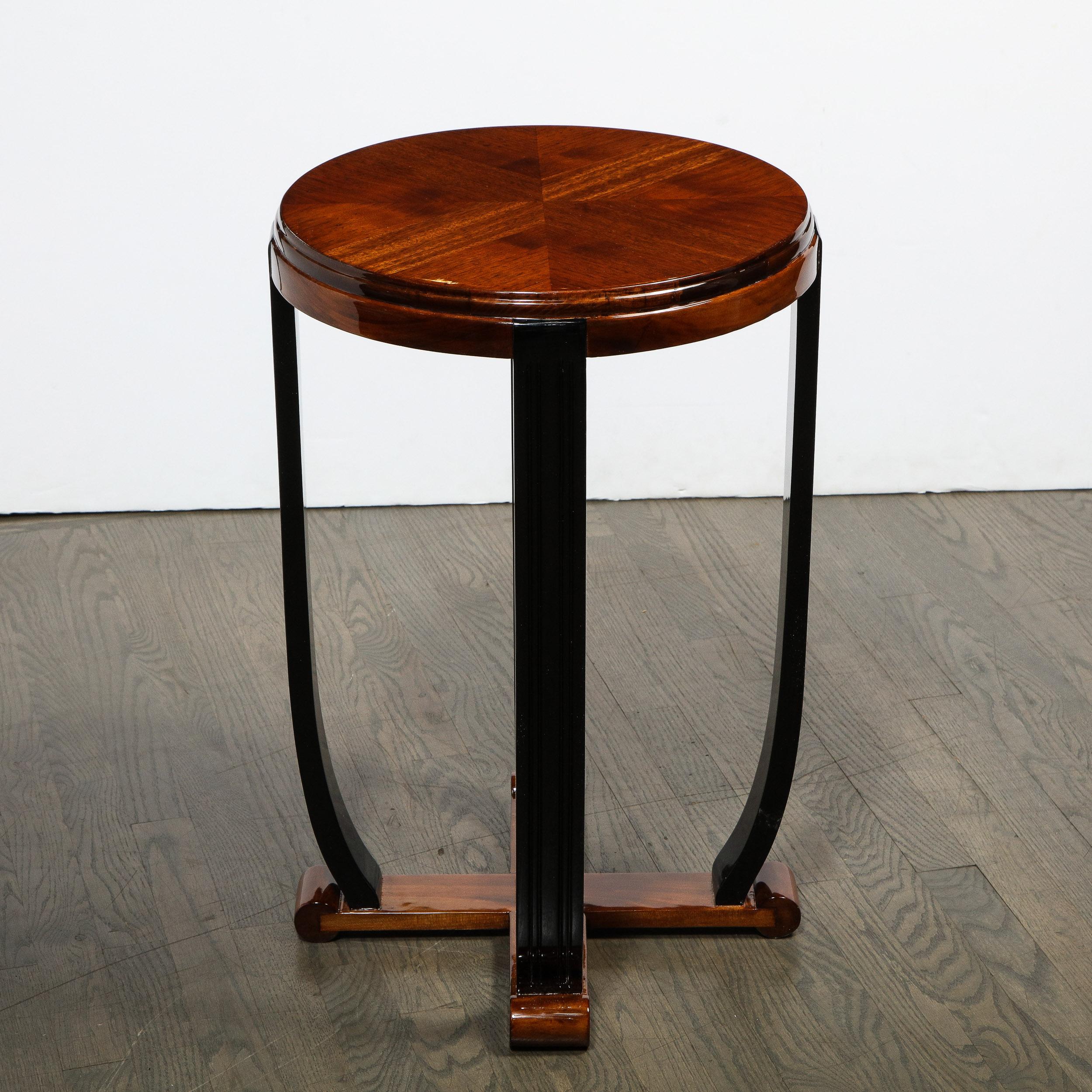 Art Deco Streamlined Gueridon Table in Black Lacquer and Bookmatched Walnut 2