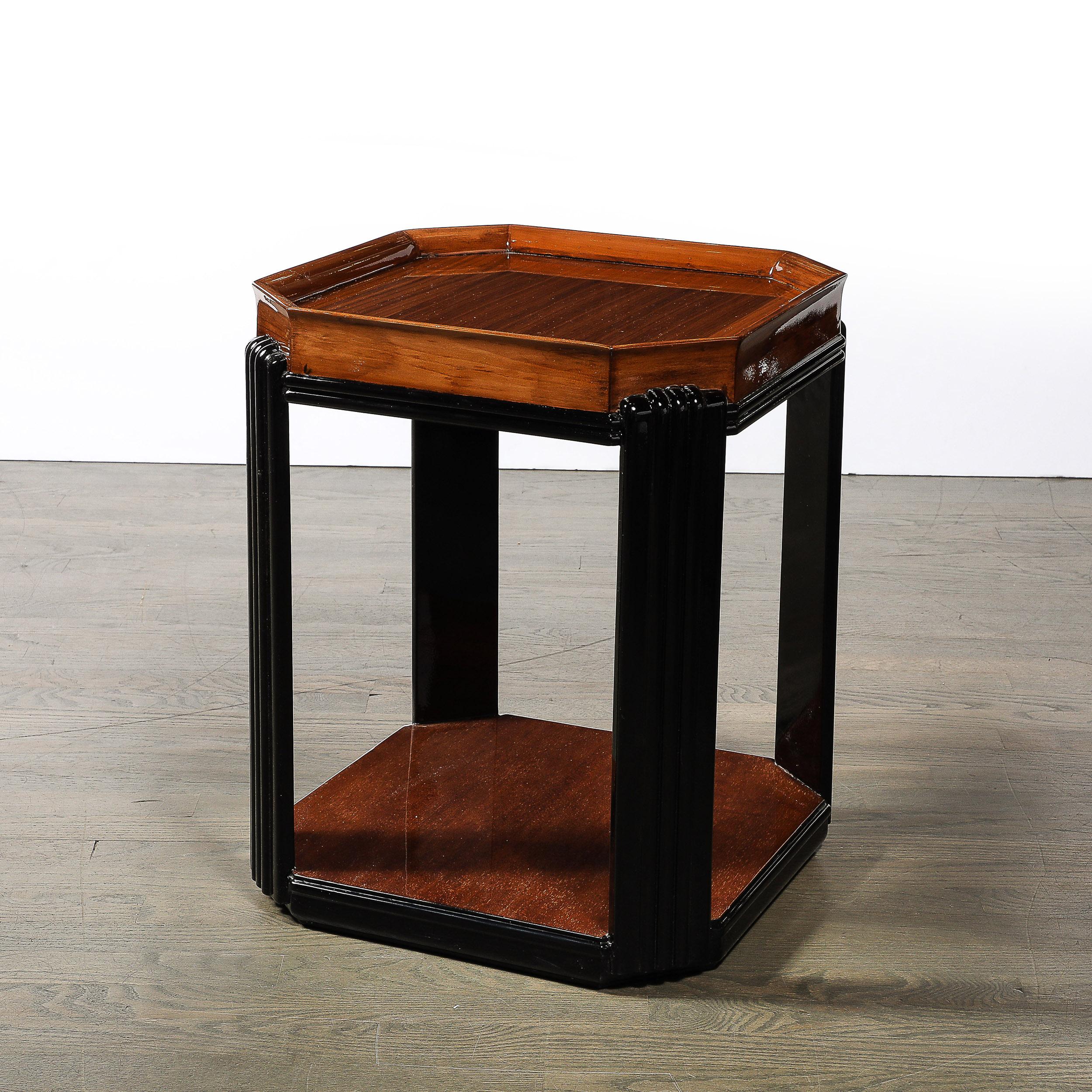 Art Deco Streamlined Machine Age Bookmatched Walnut & Fluted Black Lacquer Table For Sale 5