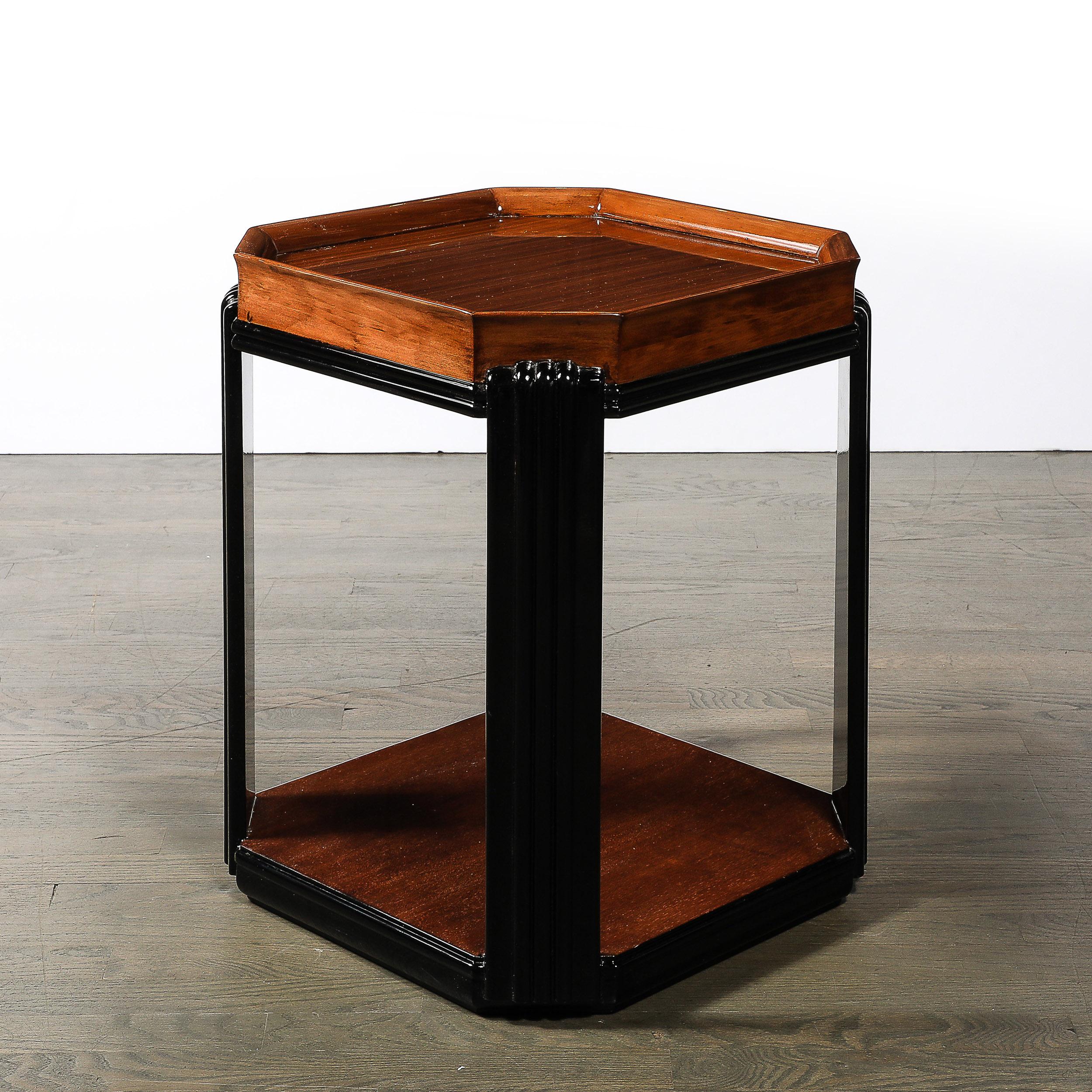 Art Deco Streamlined Machine Age Bookmatched Walnut & Fluted Black Lacquer Table For Sale 7
