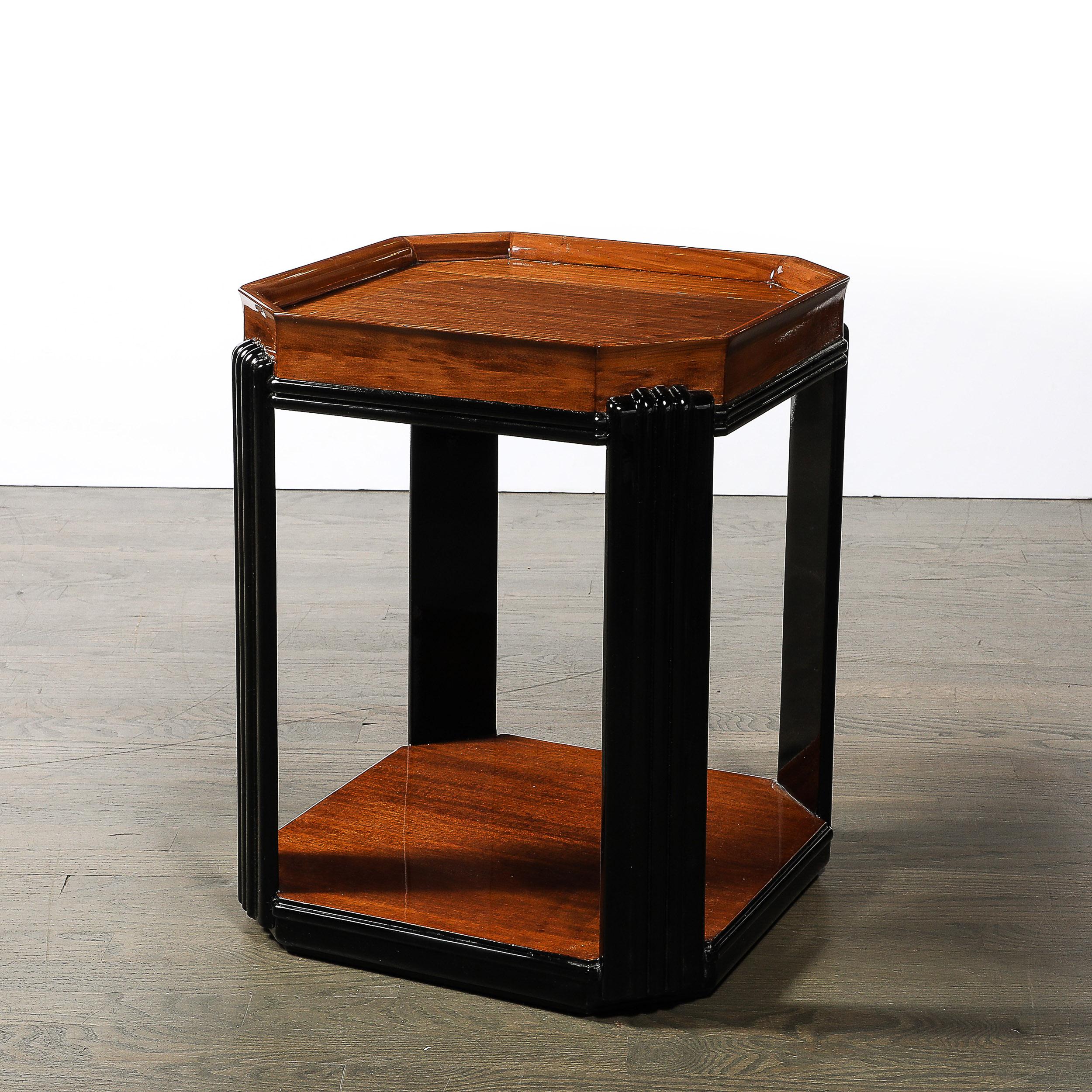 Art Deco Streamlined Machine Age Bookmatched Walnut & Fluted Black Lacquer Table For Sale 8