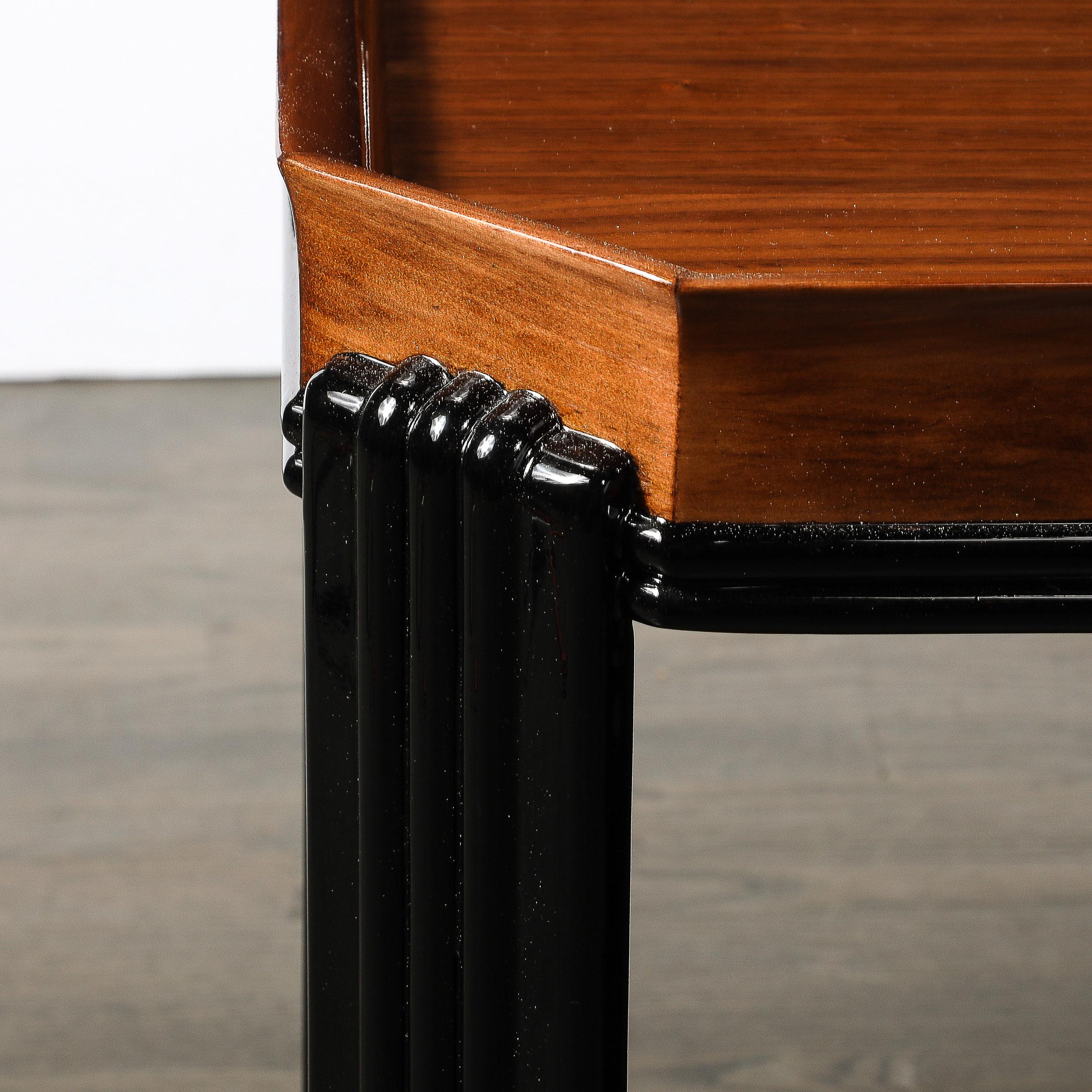 American Art Deco Streamlined Machine Age Bookmatched Walnut & Fluted Black Lacquer Table For Sale