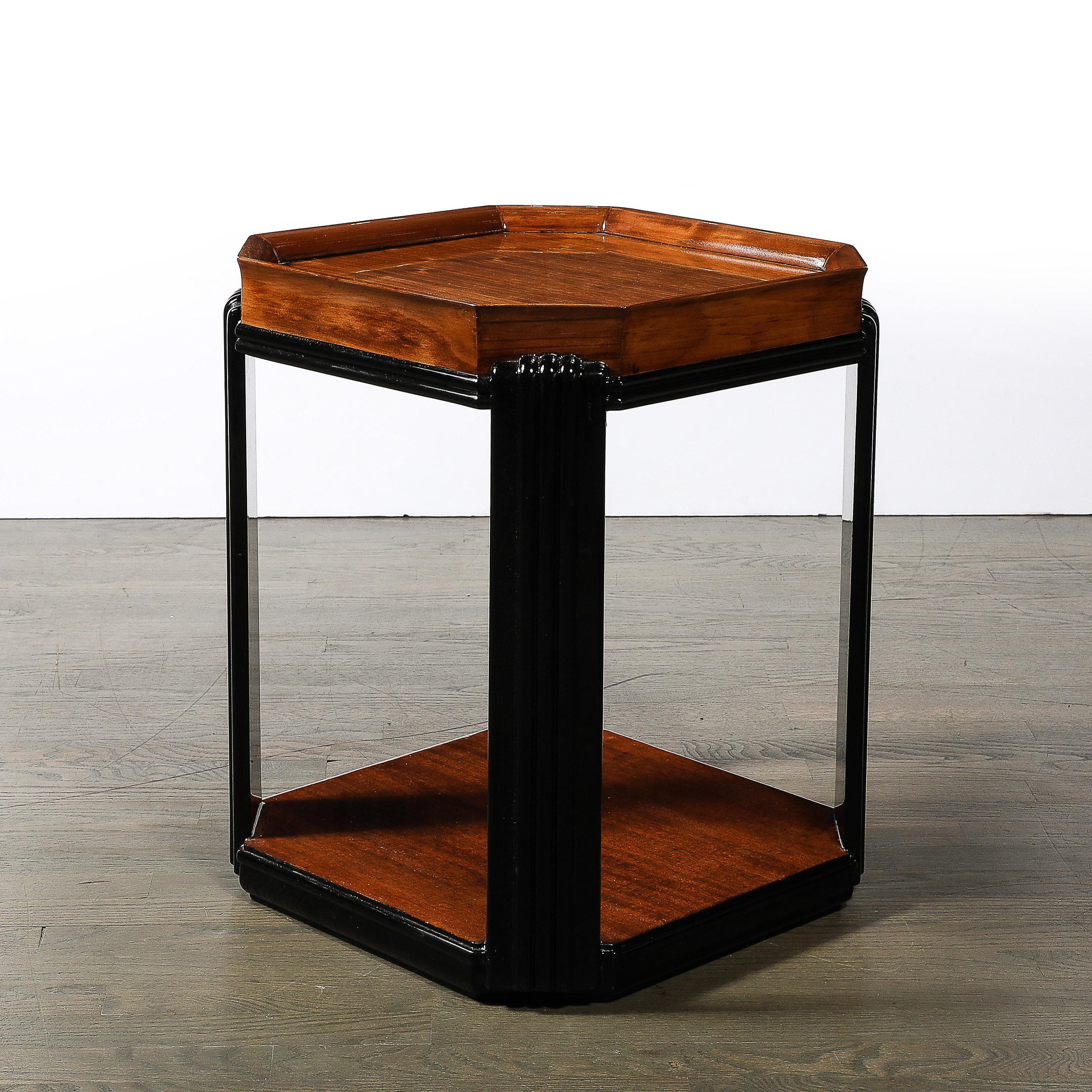 Mid-20th Century Art Deco Streamlined Machine Age Bookmatched Walnut & Fluted Black Lacquer Table For Sale