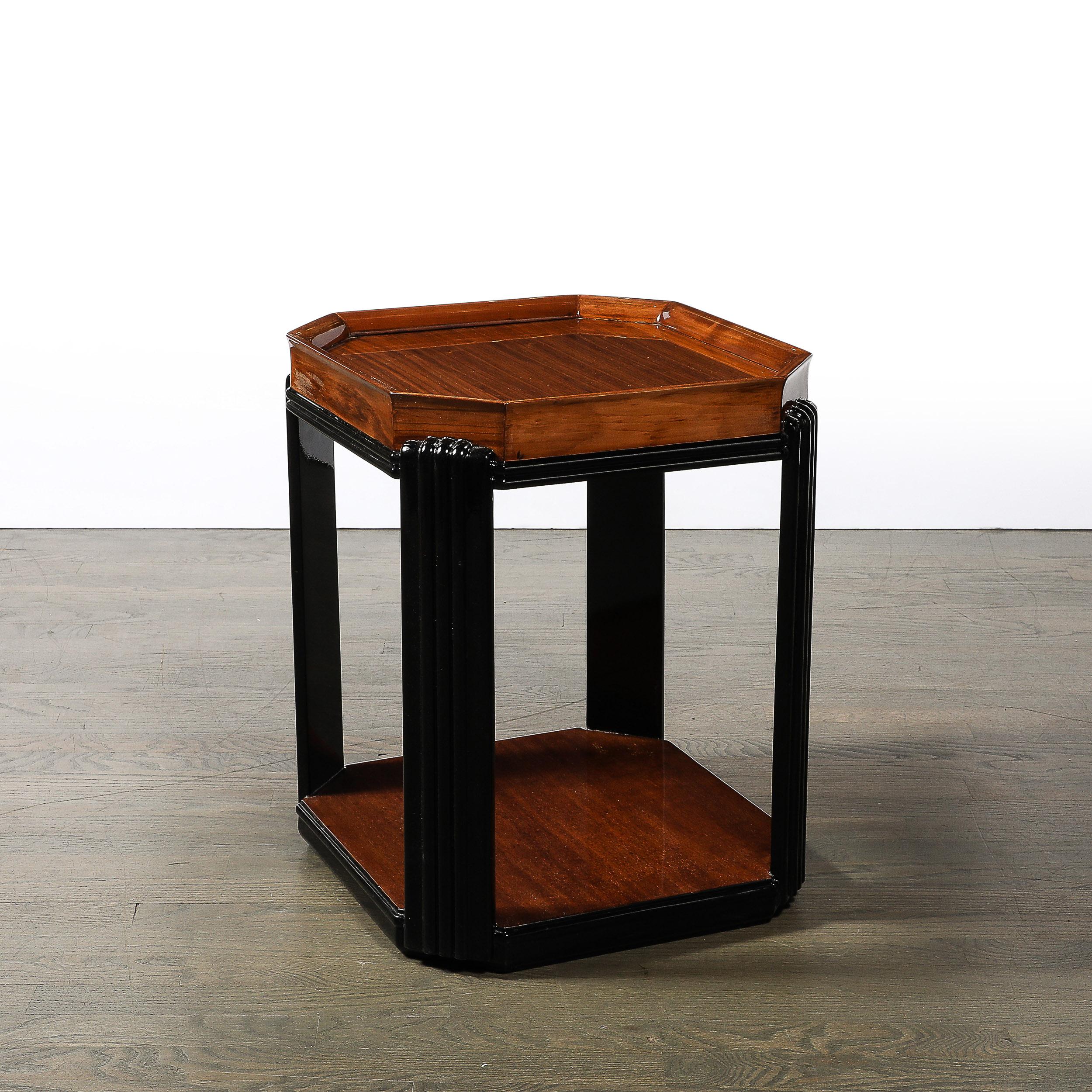 Art Deco Streamlined Machine Age Bookmatched Walnut & Fluted Black Lacquer Table For Sale 1