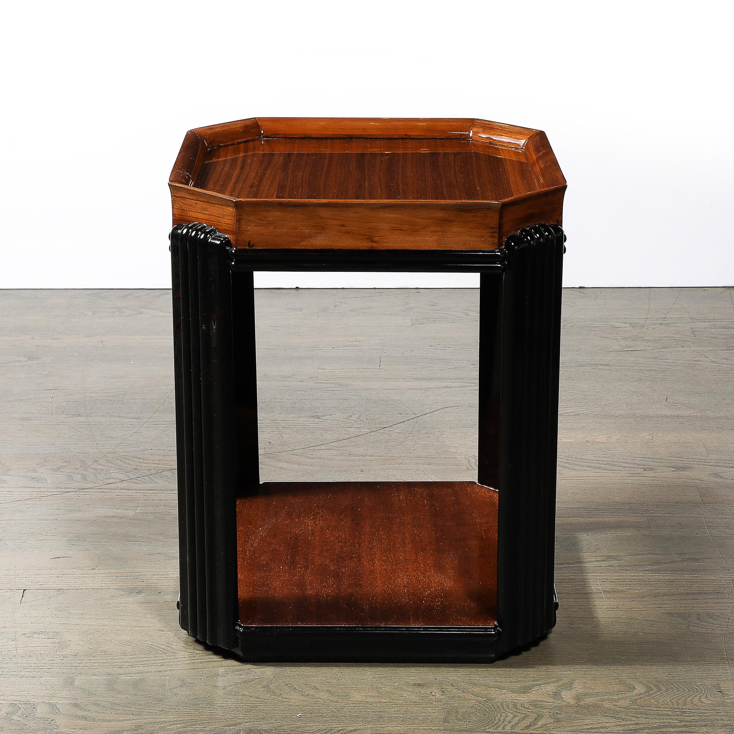 Art Deco Streamlined Machine Age Bookmatched Walnut & Fluted Black Lacquer Table For Sale 4